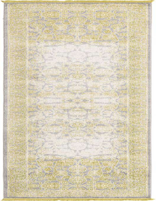 A 10 ft runner rug from the Modern Classical collection, featuring a green and gray medallion pattern with a textured pile, ideal for a hallway.
