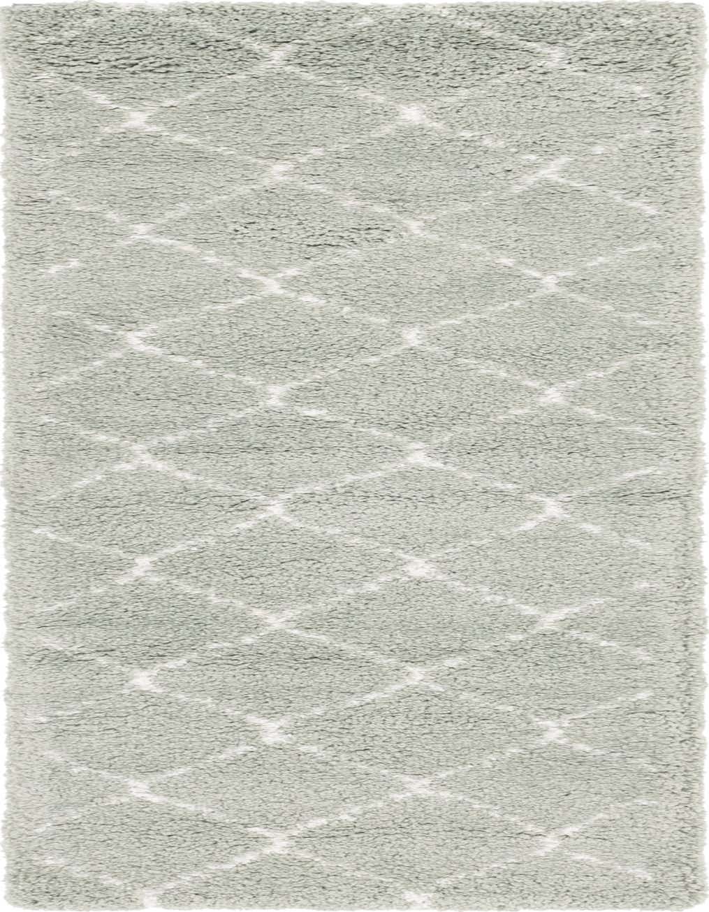 A soft green shag runner rug with a subtle white trellis pattern, perfect for a hallway.
