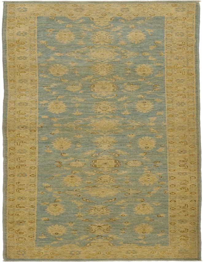 A 9 ft runner rug from the Peshawar Ziegler collection, featuring a light green field with traditional botanical and floral patterns in beige, framed by a matching beige border.