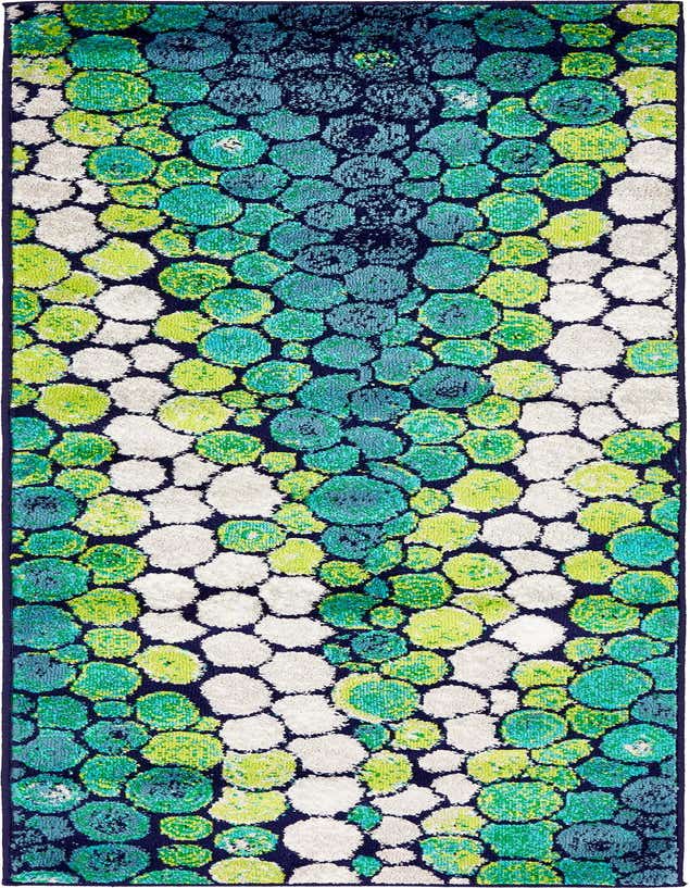 A 7 ft runner rug featuring an abstract pattern of various sized circles in shades of green, teal, and white on a dark blue background, ideal for a hallway.