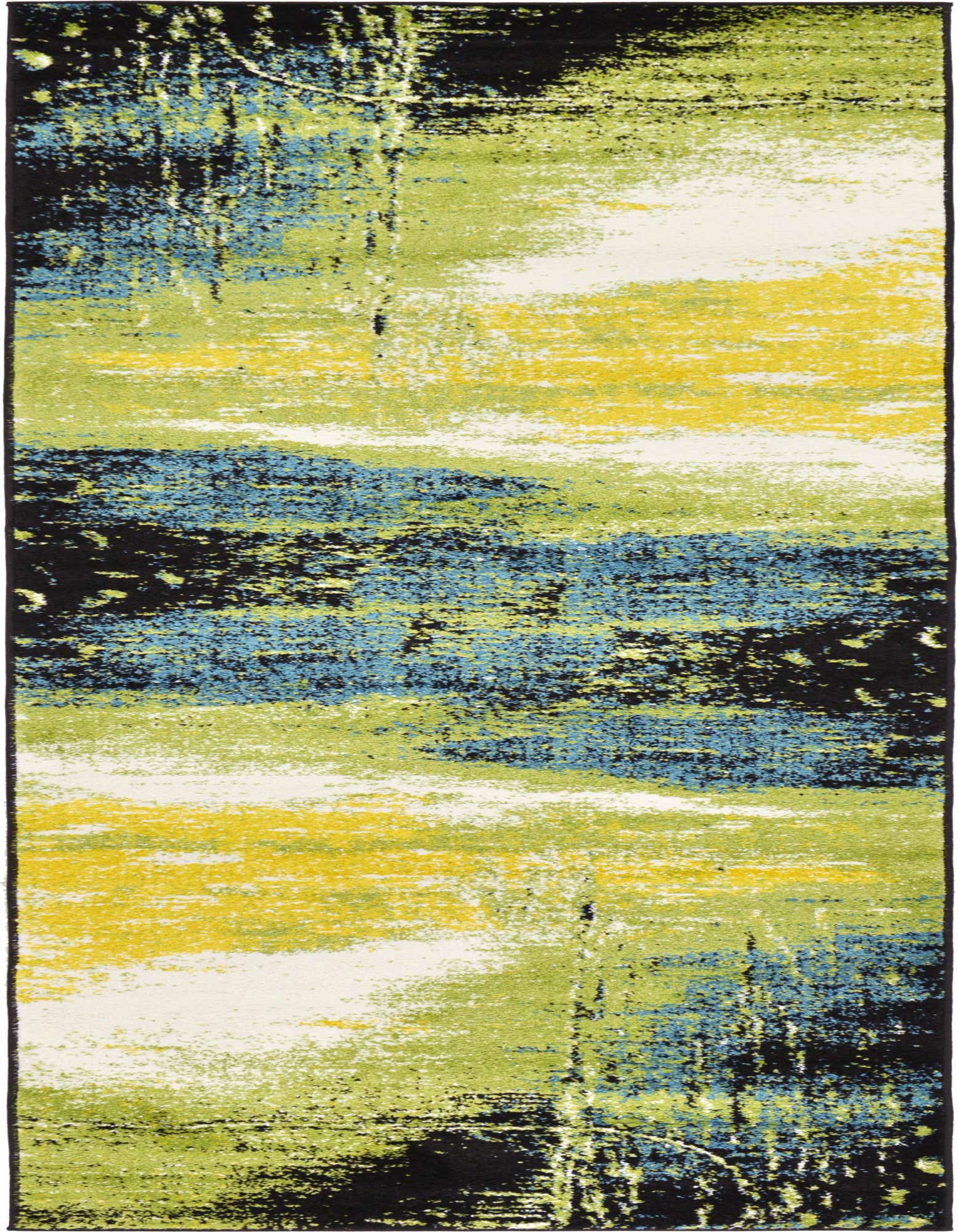 A 10 ft runner rug with a modern botanical pattern in shades of green, yellow, blue, and black, ideal for a hallway.