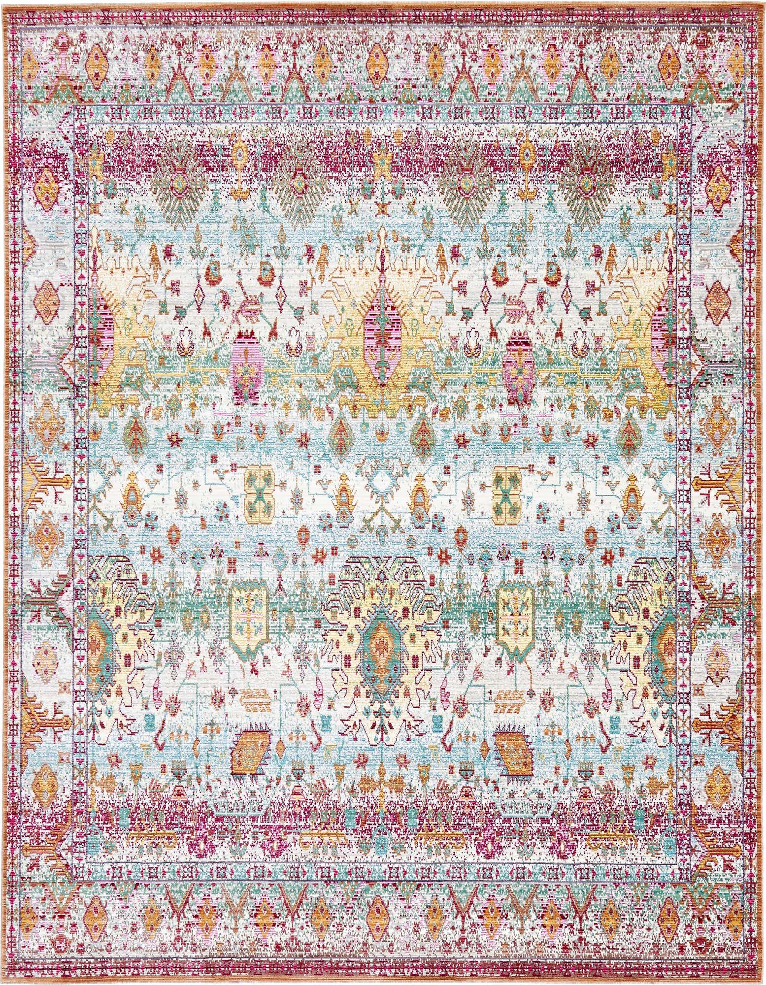 A vibrant 8x8 square Bohemian rug with a distressed medallion pattern in teal, pink, yellow, and orange hues.