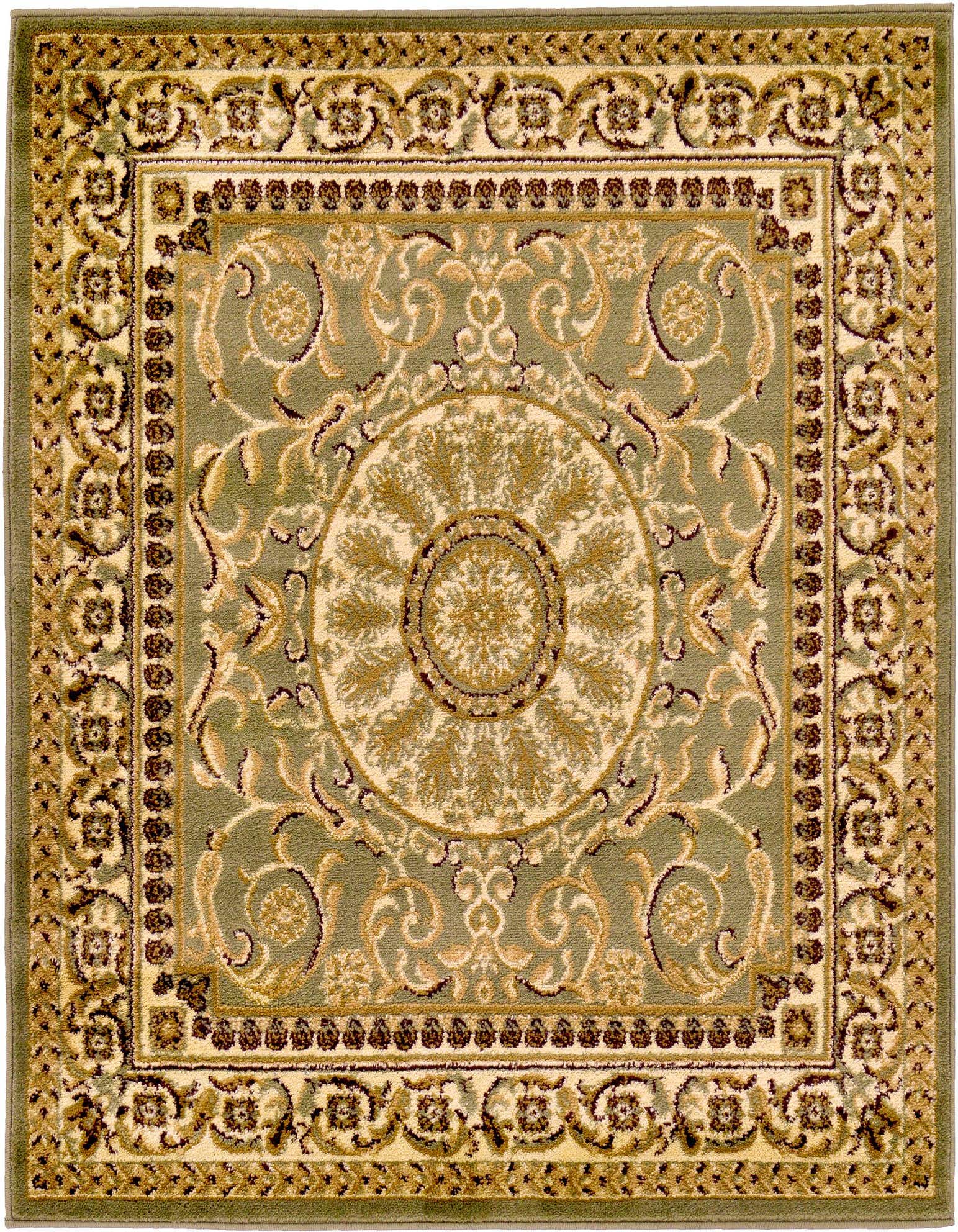 A 4'x4' square Chateau Collection rug in shades of green and cream, featuring a traditional medallion and floral border pattern.