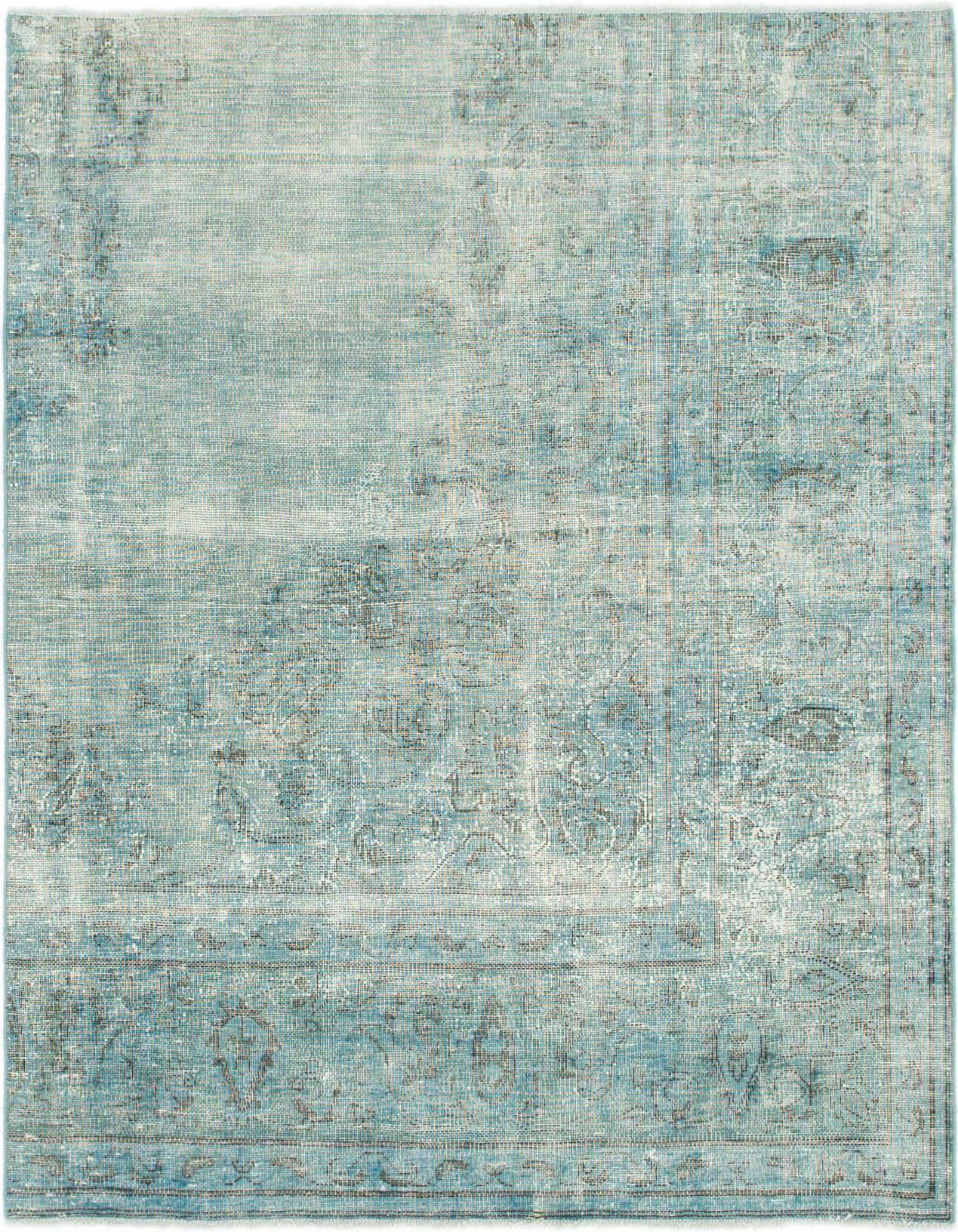 A 4'x4'10 square green vintage Persian wool rug with an abstract, distressed pattern and subtle border.