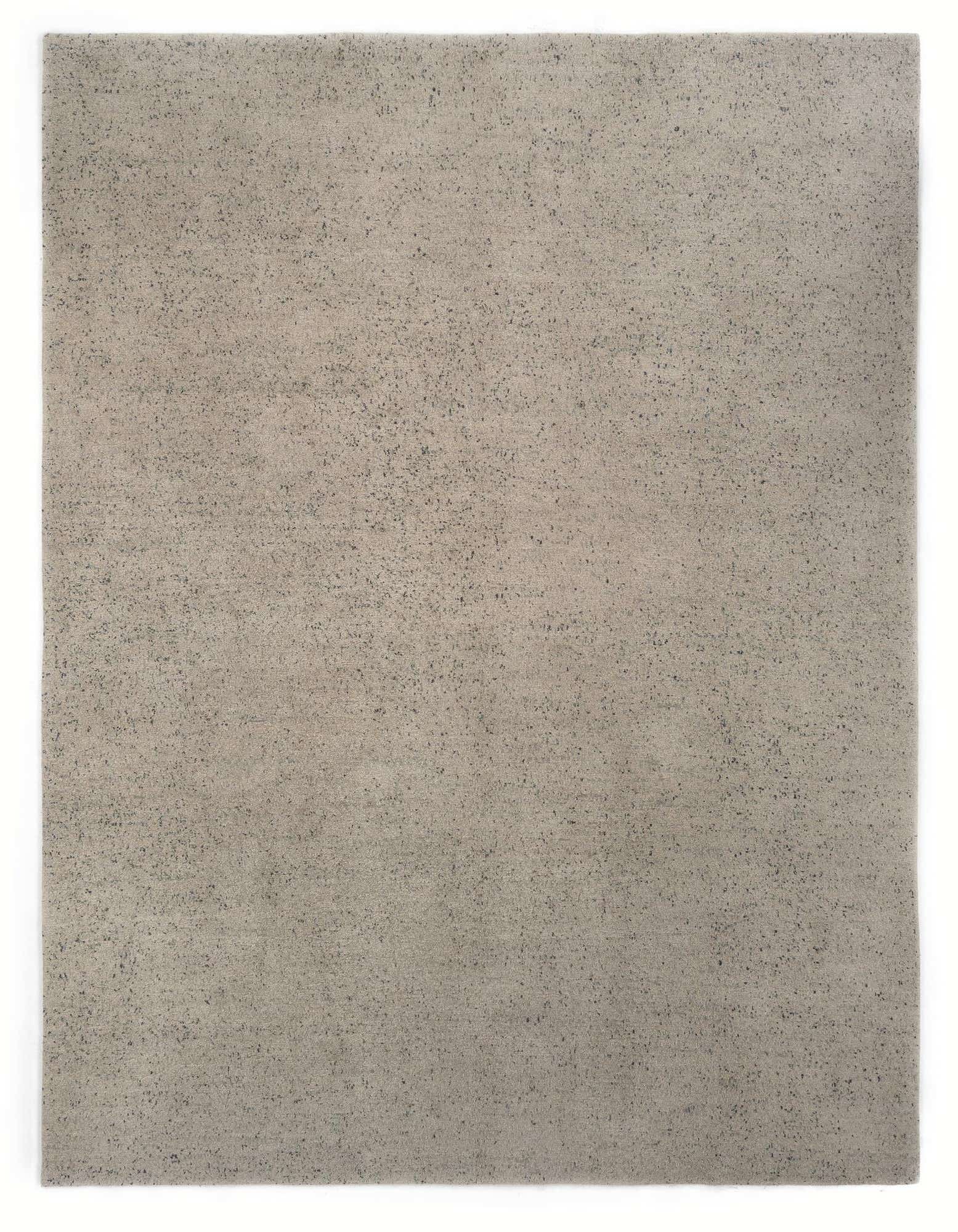 A rectangular 8x10 light grey wool area rug with a subtle speckled modern Persian pattern, suitable for a living room.