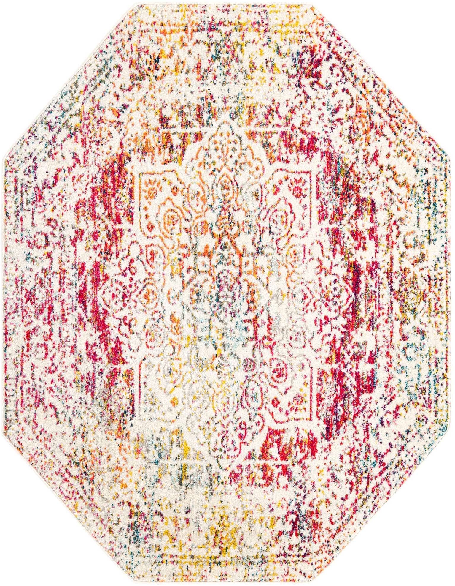 An octagon-shaped 6' x 6' Light Multi rug with a distressed medallion pattern, featuring vibrant hues of red, orange, blue, and yellow on a cream background.