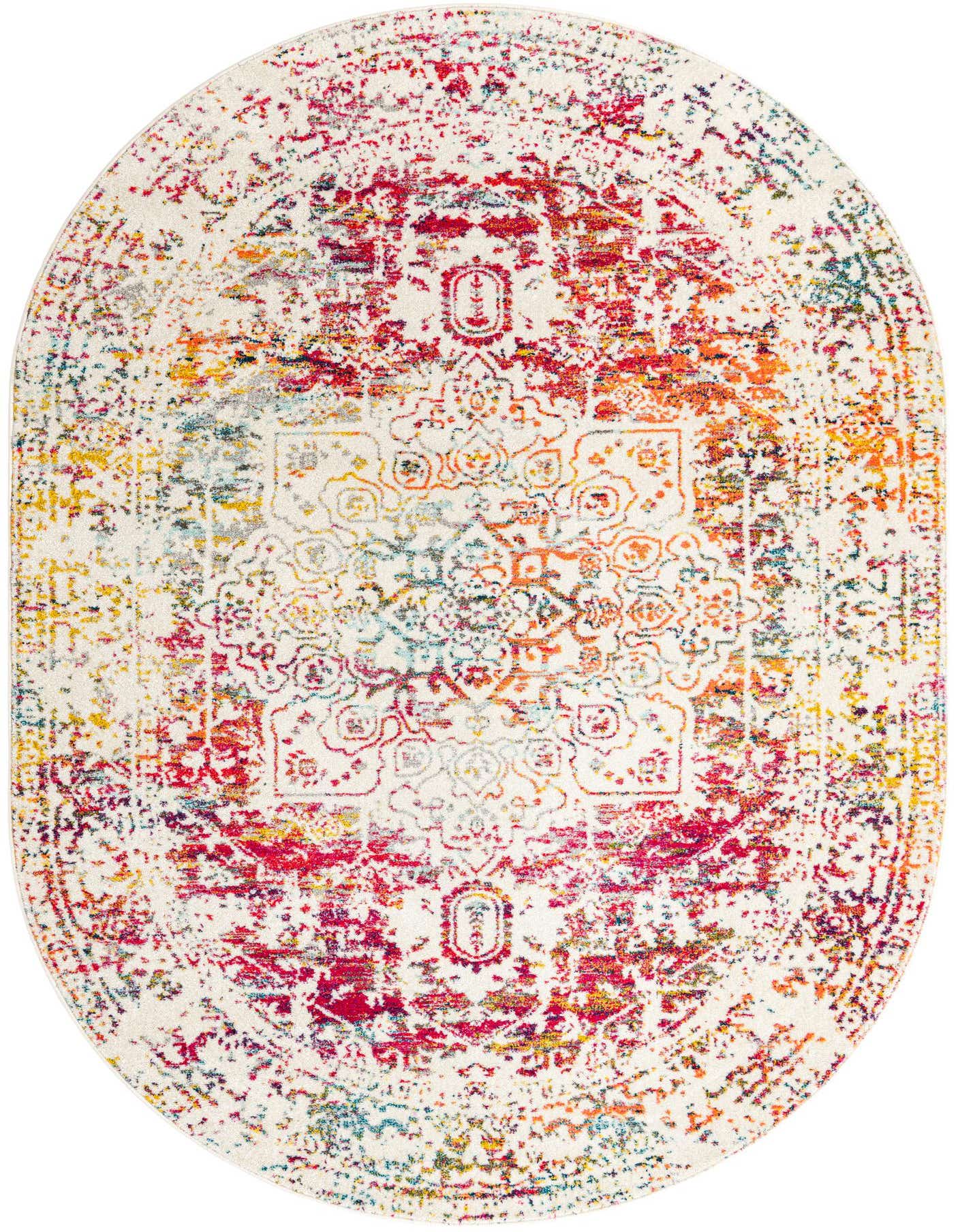 A 7' 0 x 10' 0 oval rug in light multi-colors, featuring a distressed traditional medallion pattern on a cream background.