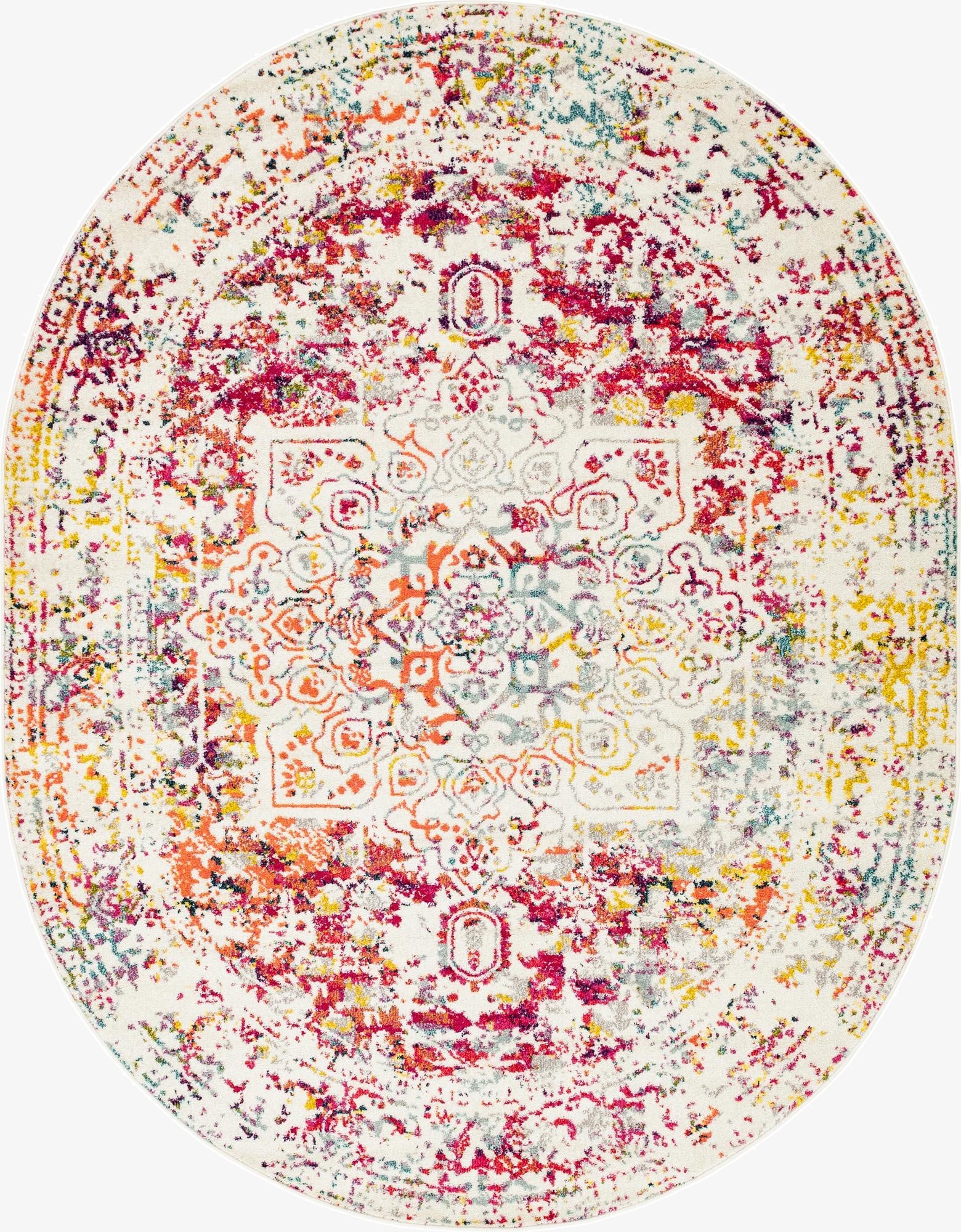 An oval, light multi-colored rug with a distressed traditional medallion pattern in shades of red, orange, blue, and yellow on a cream background.
