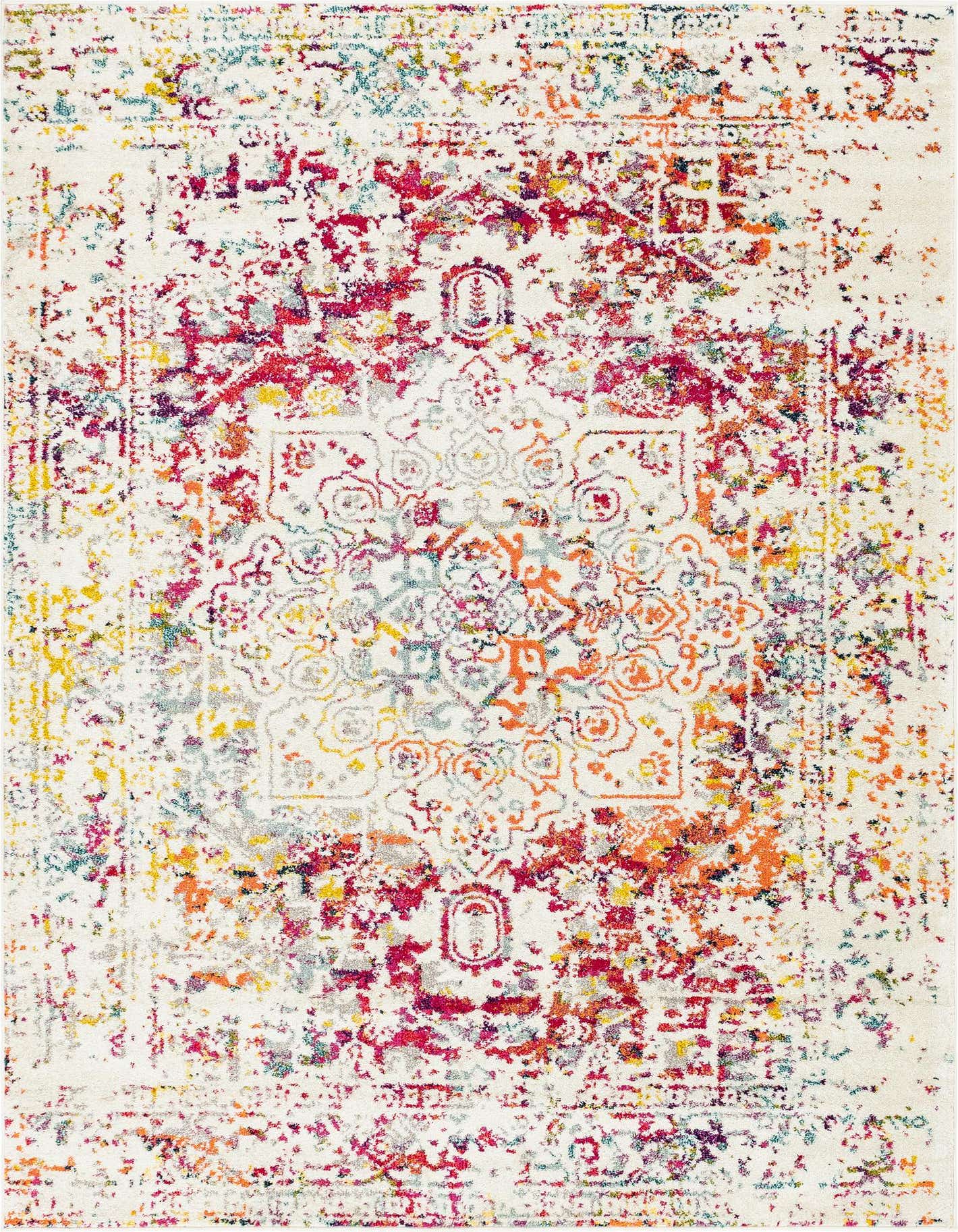 A 7x10 rectangular area rug with a distressed traditional medallion pattern in light multi-colors on a cream background.