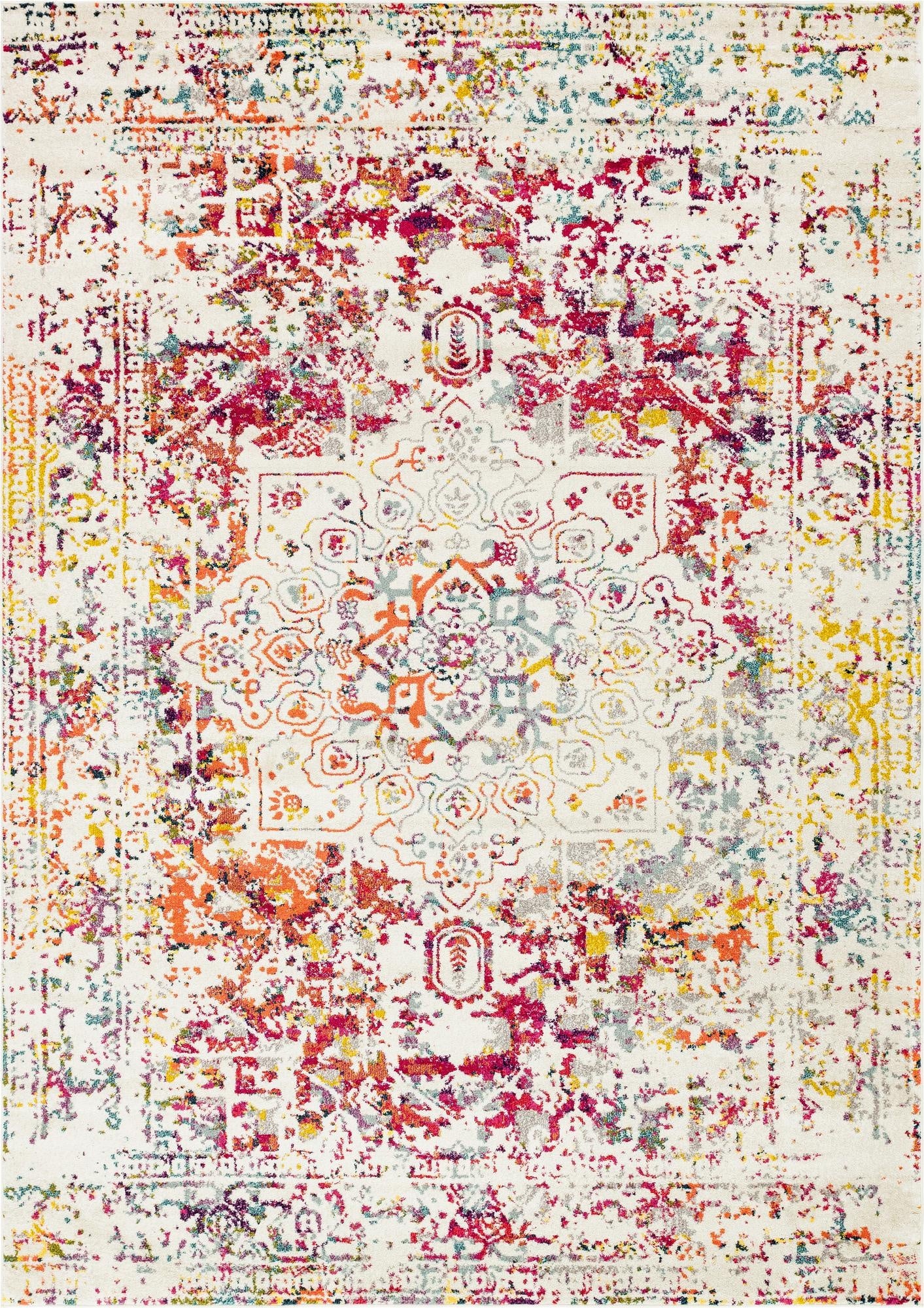 A 10x14 rectangular Light Multi area rug with a distressed traditional medallion pattern, featuring vibrant hues of red, orange, yellow, and blue on a cream background.