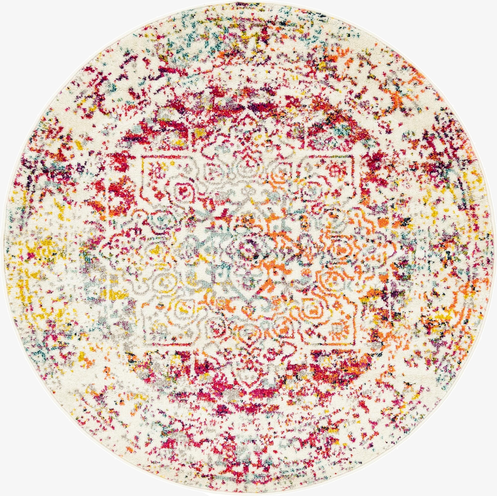 A round 5' 3" light multi-colored rug featuring a distressed traditional medallion pattern on a cream background.