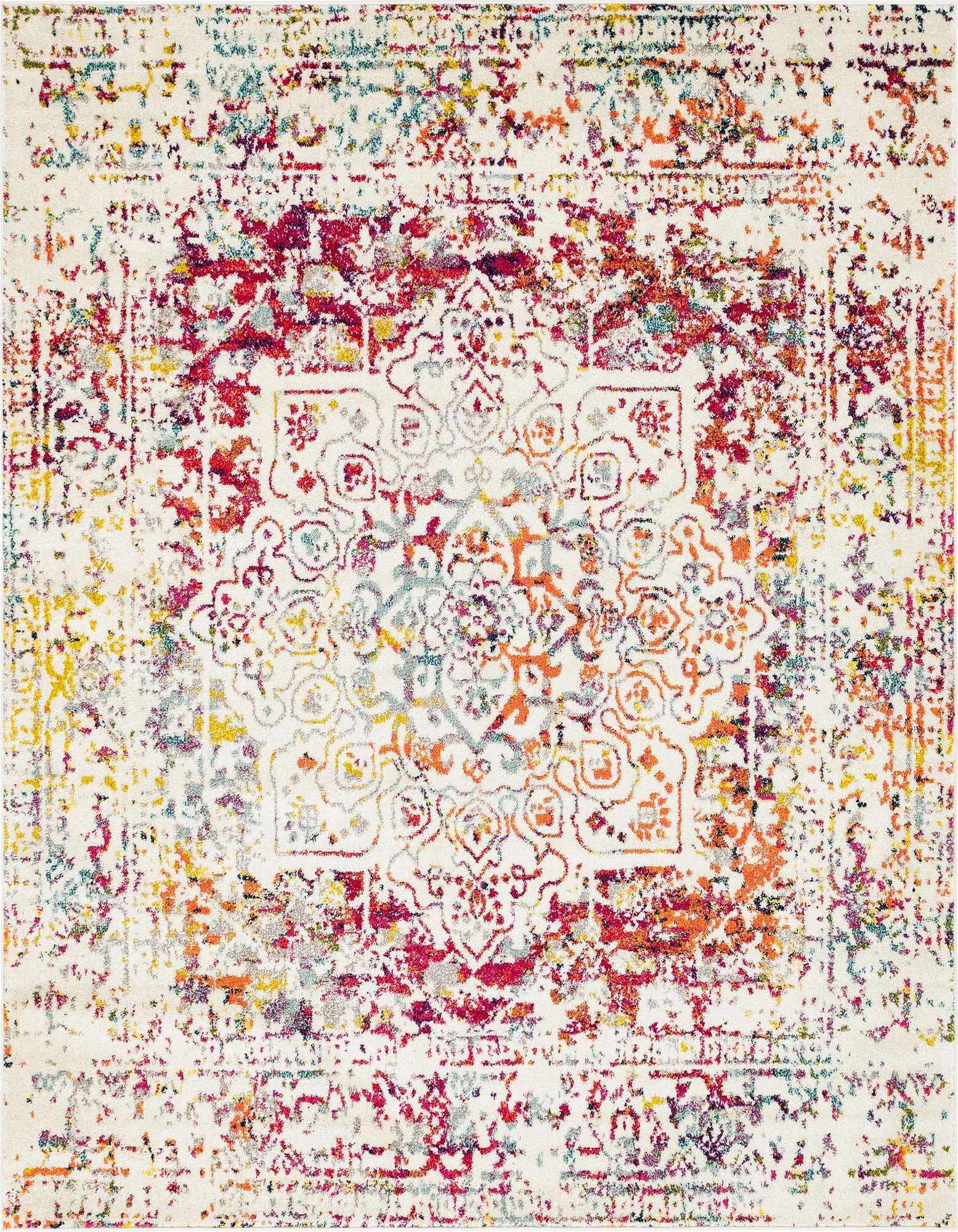 A square 7' 10 x 7' 10 Light Multi rug with a distressed traditional medallion pattern in various bright colors on a cream background.