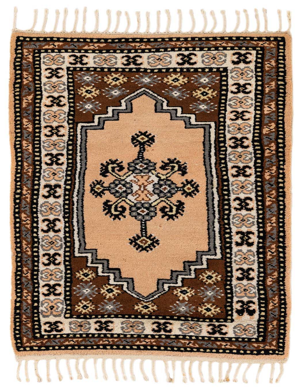 A 3x5 rectangular orange Oriental wool rug with a central medallion and intricate brown, black, and grey patterns, featuring fringed ends.