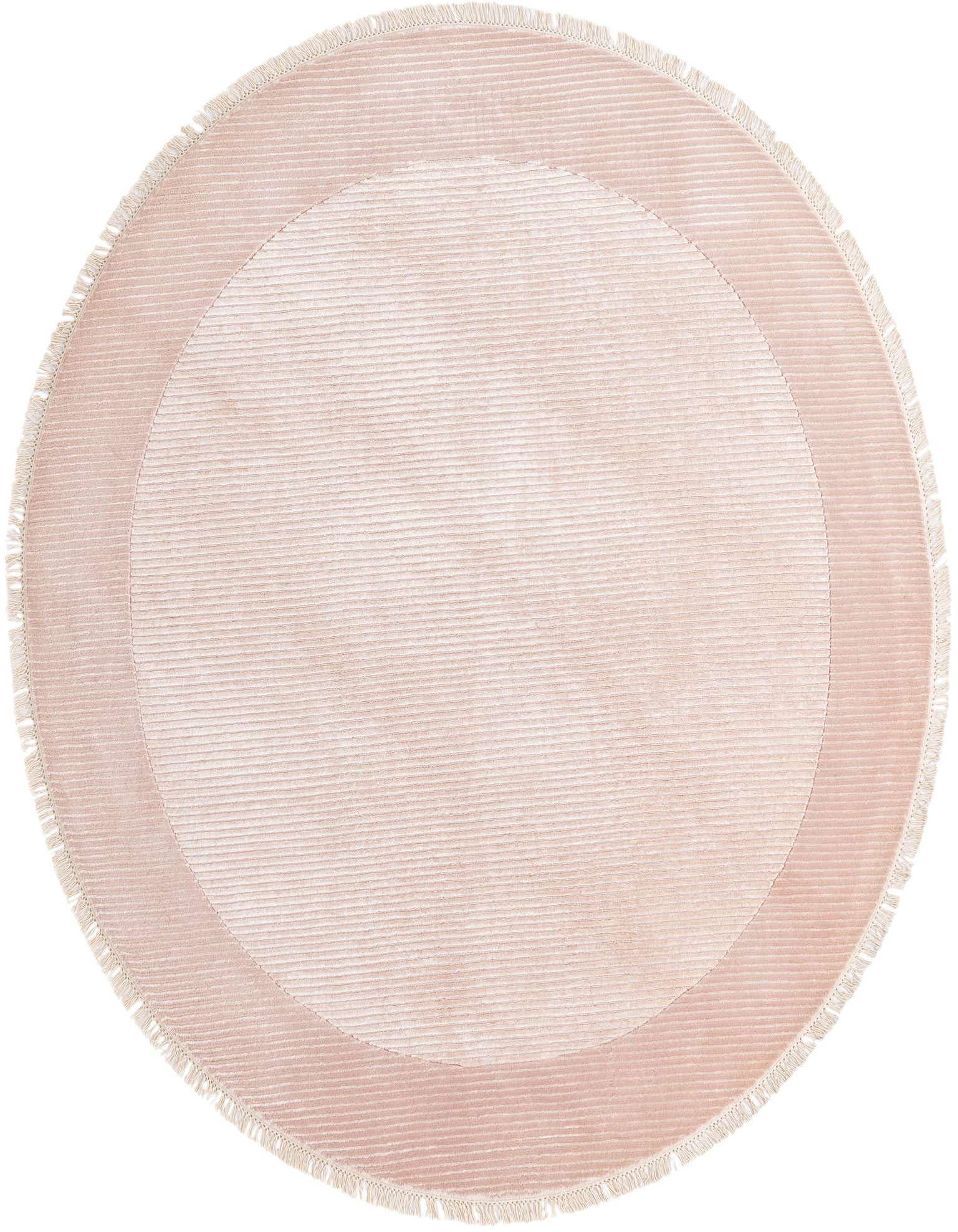 A round, high-pile 6' 9 x 6' 9 orange wool rug with a subtle striped texture and fringed edge.