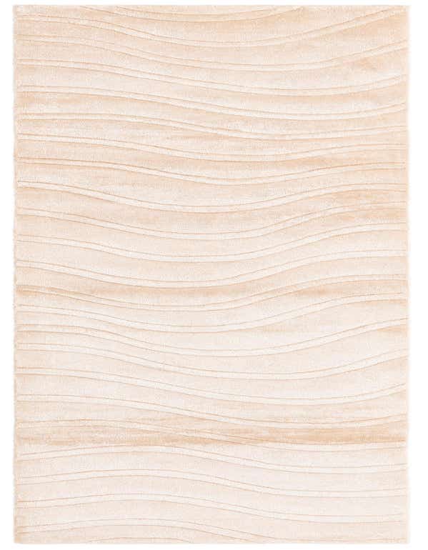A 10 ft runner rug in a light orange hue with a modern wavy pattern, made from wool.