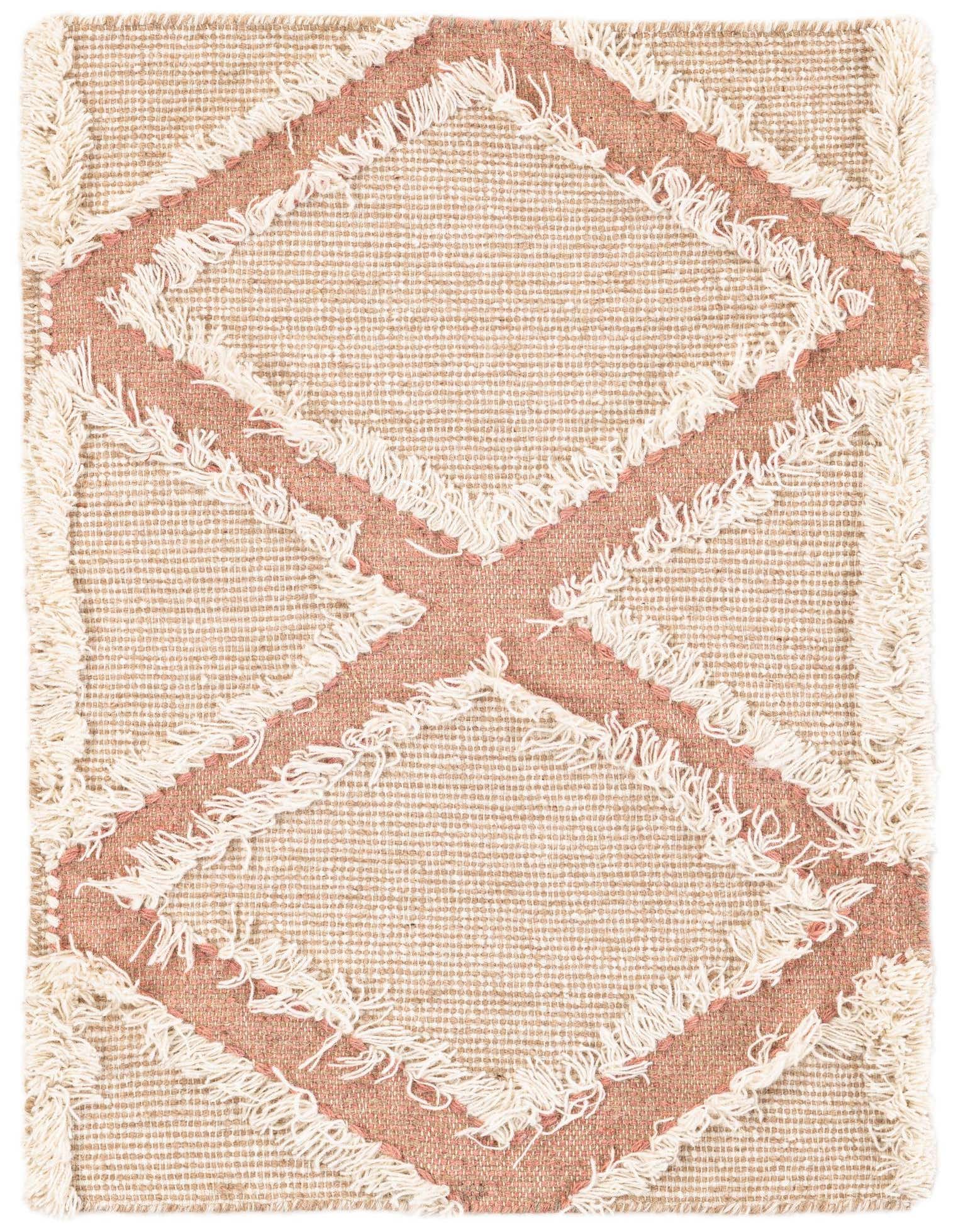 A 2x3 rectangular pink and beige modern shag rug with a diamond pattern, handmade from wool.