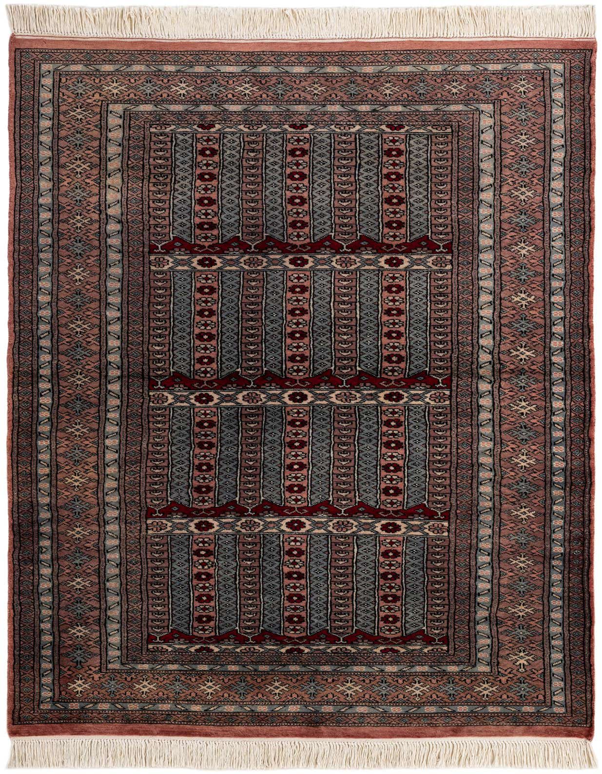 A 4x6 rectangular Bokhara rug in shades of pink, red, and blue with intricate traditional patterns and fringe.