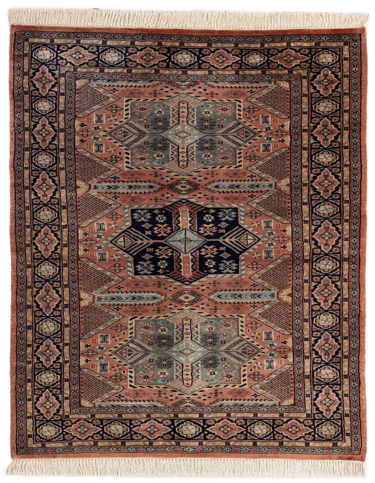 A 4x6 rectangular Bokhara wool rug in shades of pink, blue, and black, featuring a traditional tribal medallion pattern with intricate details and fringed ends.