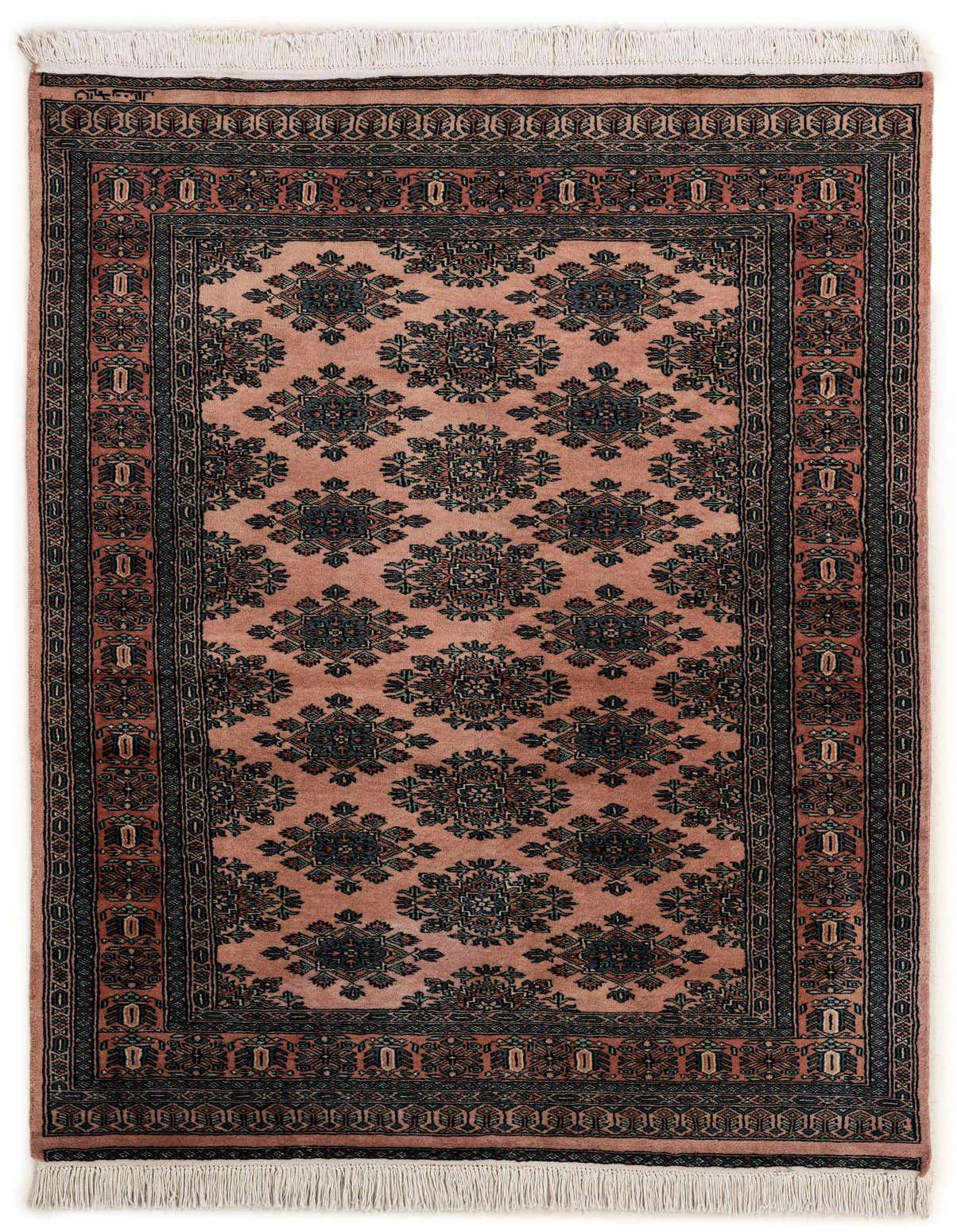 A 4x6 rectangular Bokhara wool rug in shades of pink with intricate tribal and oriental patterns, featuring a flat pile and white fringe.