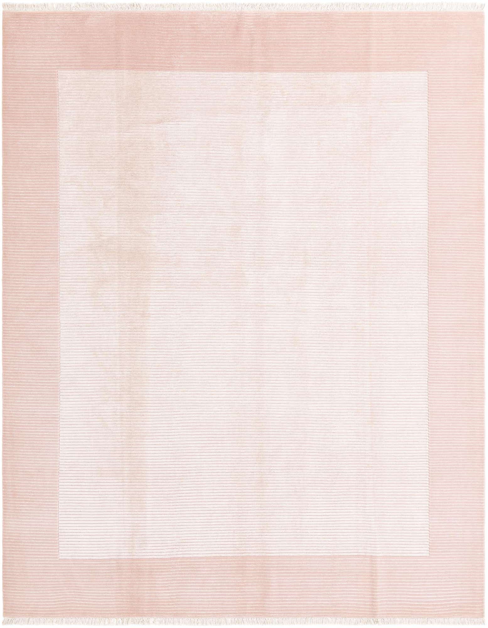 A soft pink 8x10 rectangular wool rug with a subtle border pattern, perfect for a modern living room.