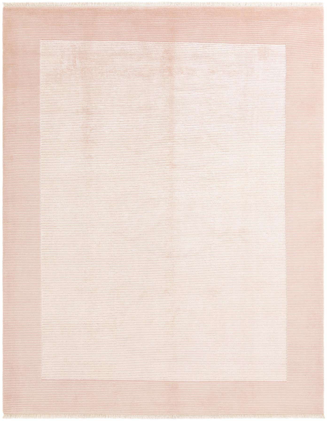 A rectangular 8x11 Darya Collection wool rug in shades of pink, featuring a subtle modern border design.