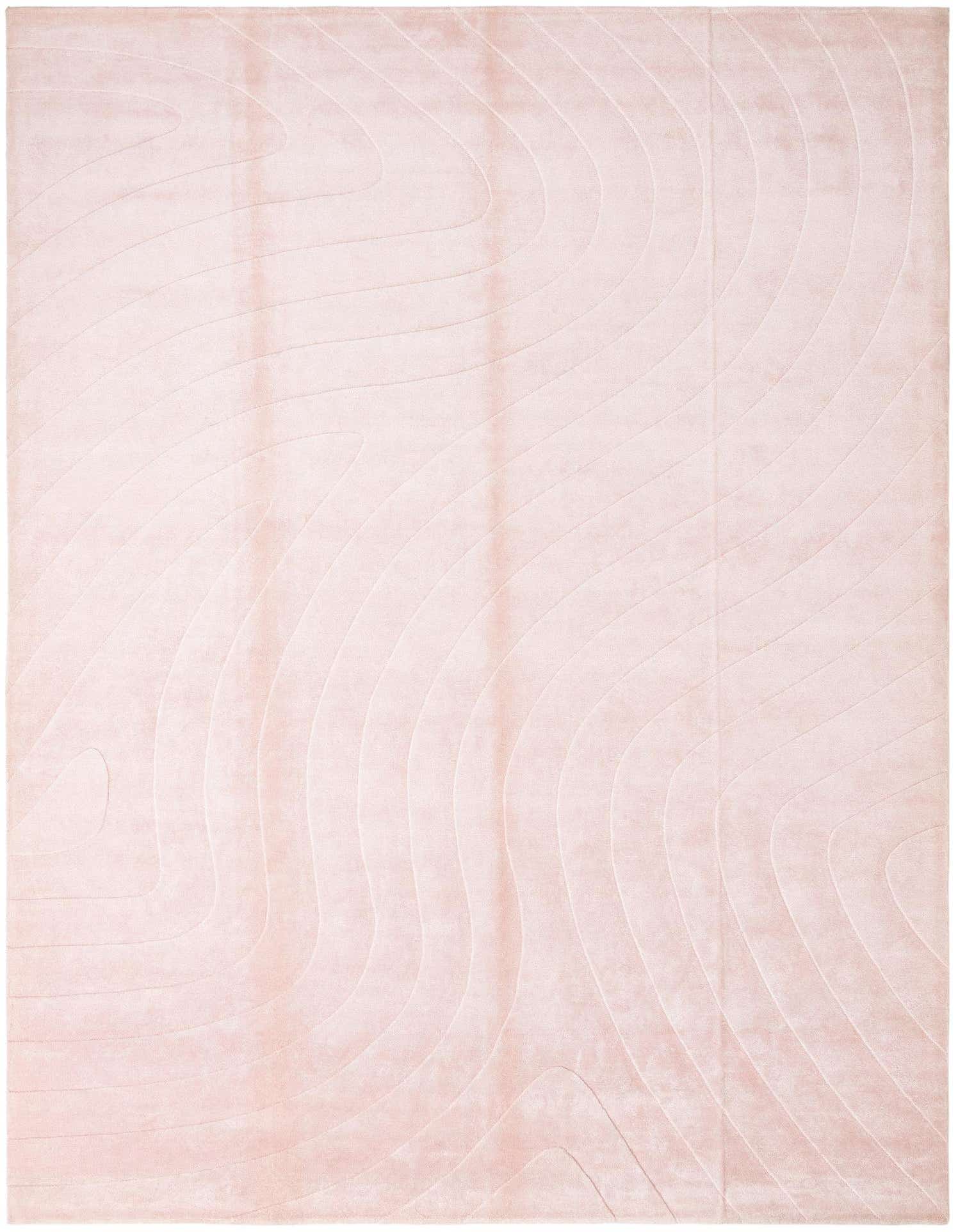 A 10x13 rectangular pink wool rug with a high pile and subtle modern oriental wave patterns.