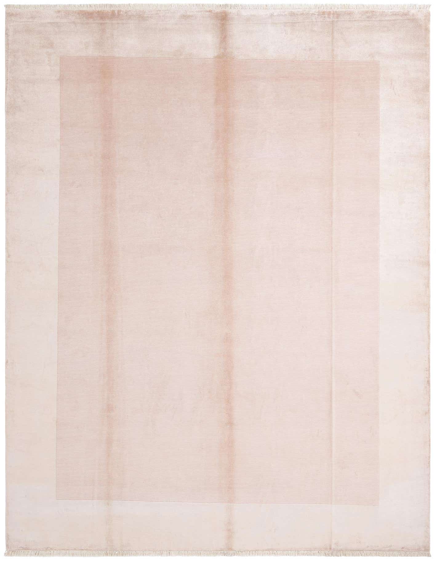 A 10x13 rectangular pink wool rug with a subtle modern oriental pattern and high pile, perfect for a living room.