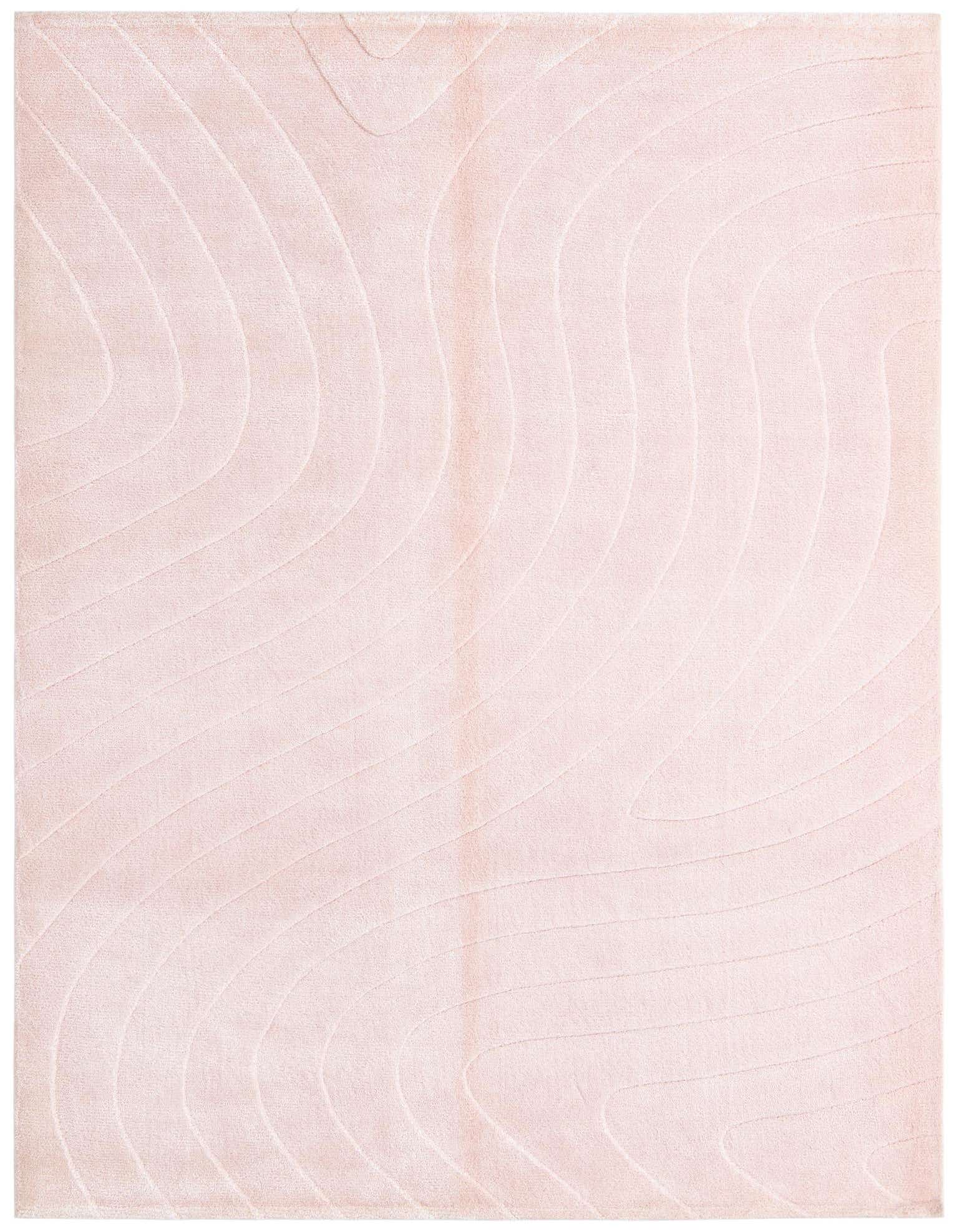 A 4x6 rectangular pink wool area rug featuring a modern, abstract wave pattern, ideal for a living room.
