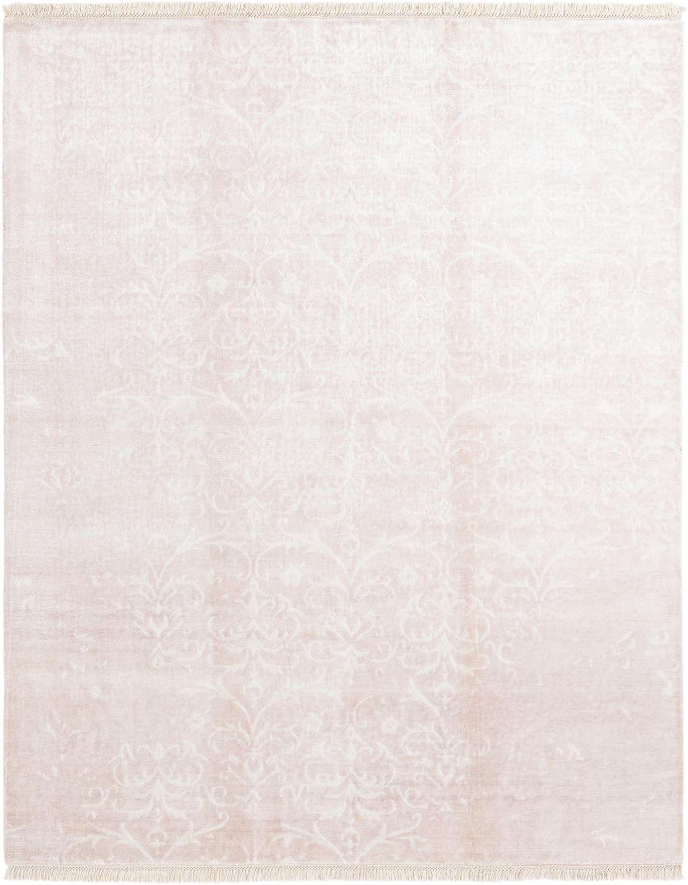 A 5x8 rectangular Darya rug in soft pink with a subtle, faded oriental pattern and delicate fringe.