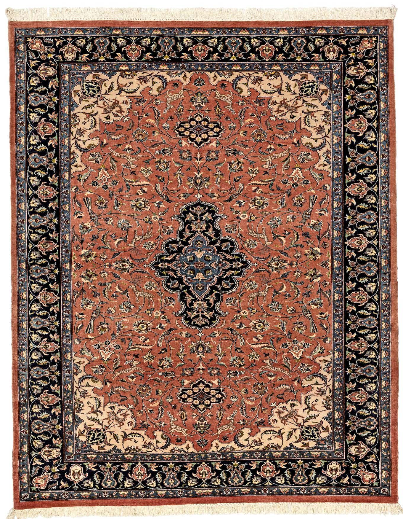 A 6x9 rectangular Isfahan rug featuring a traditional Oriental floral pattern in shades of pink, black, and cream, with a central medallion.