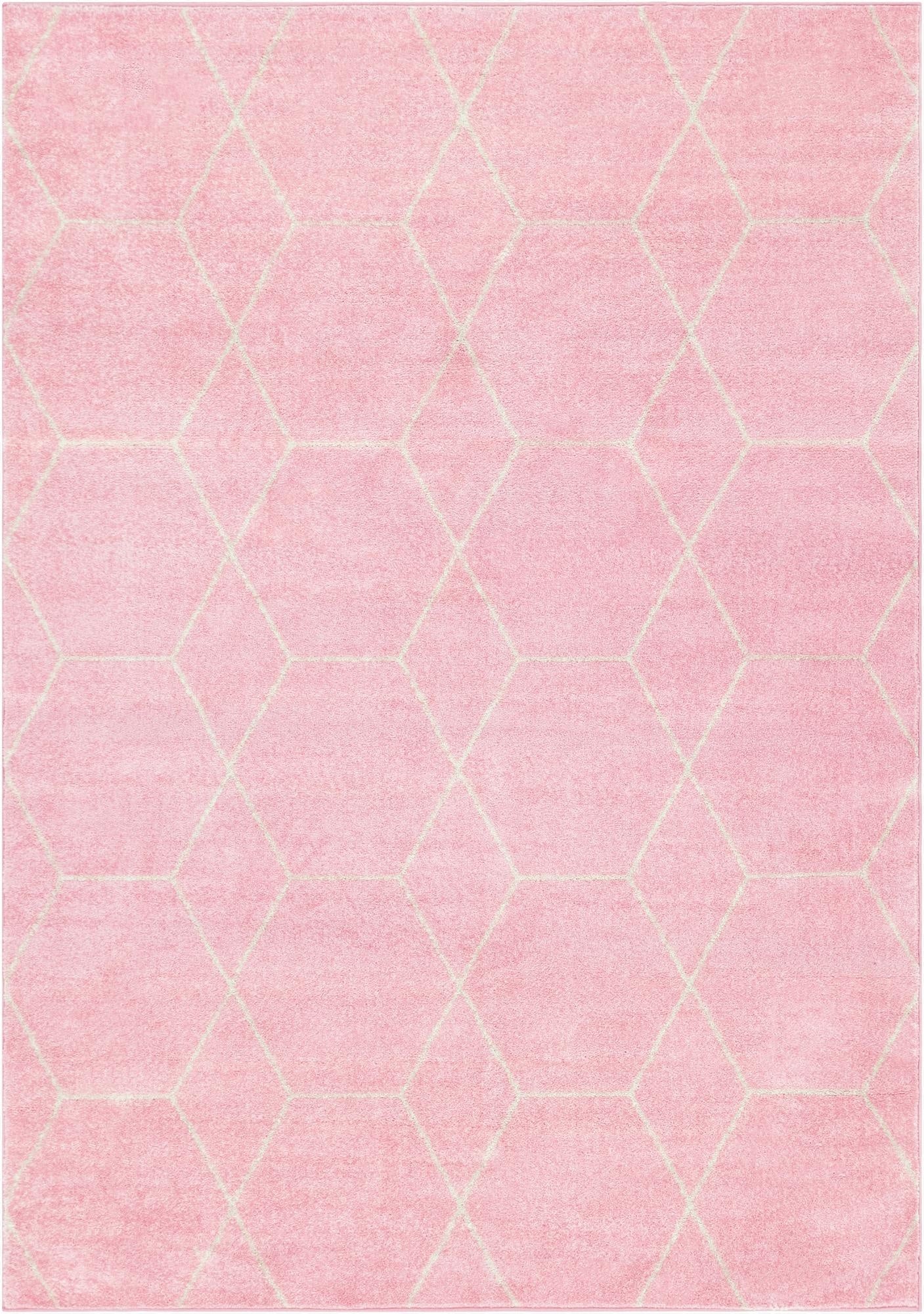 A 7x10 rectangular pink area rug featuring a subtle light pink modern trellis pattern, ideal for a living room.