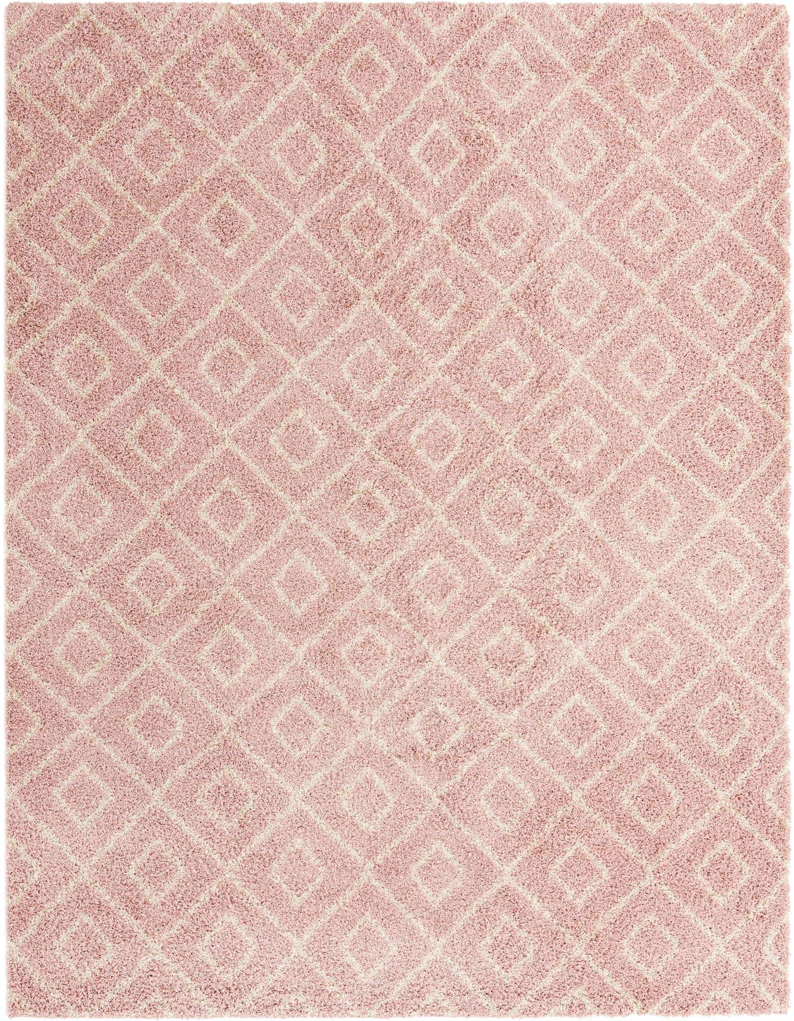 A 10x13 rectangular pink shag rug with a modern diamond lattice pattern, perfect for a living room.