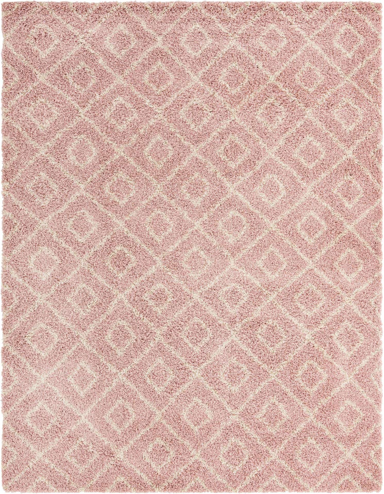 A 9x12 rectangular pink shag rug with a modern lattice pattern in lighter pink, showcasing its textured pile.