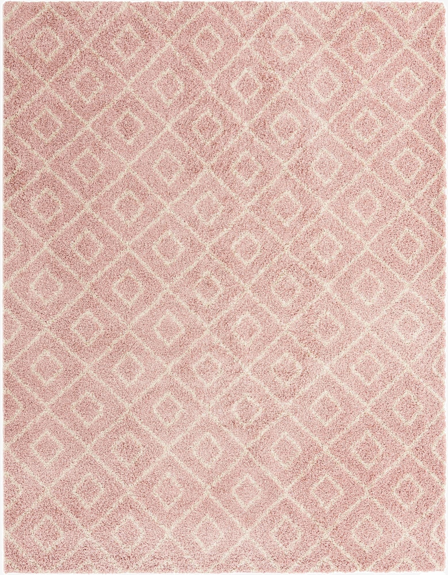 A 10x13 rectangular pink shag rug with a modern diamond lattice pattern, perfect for a living room.
