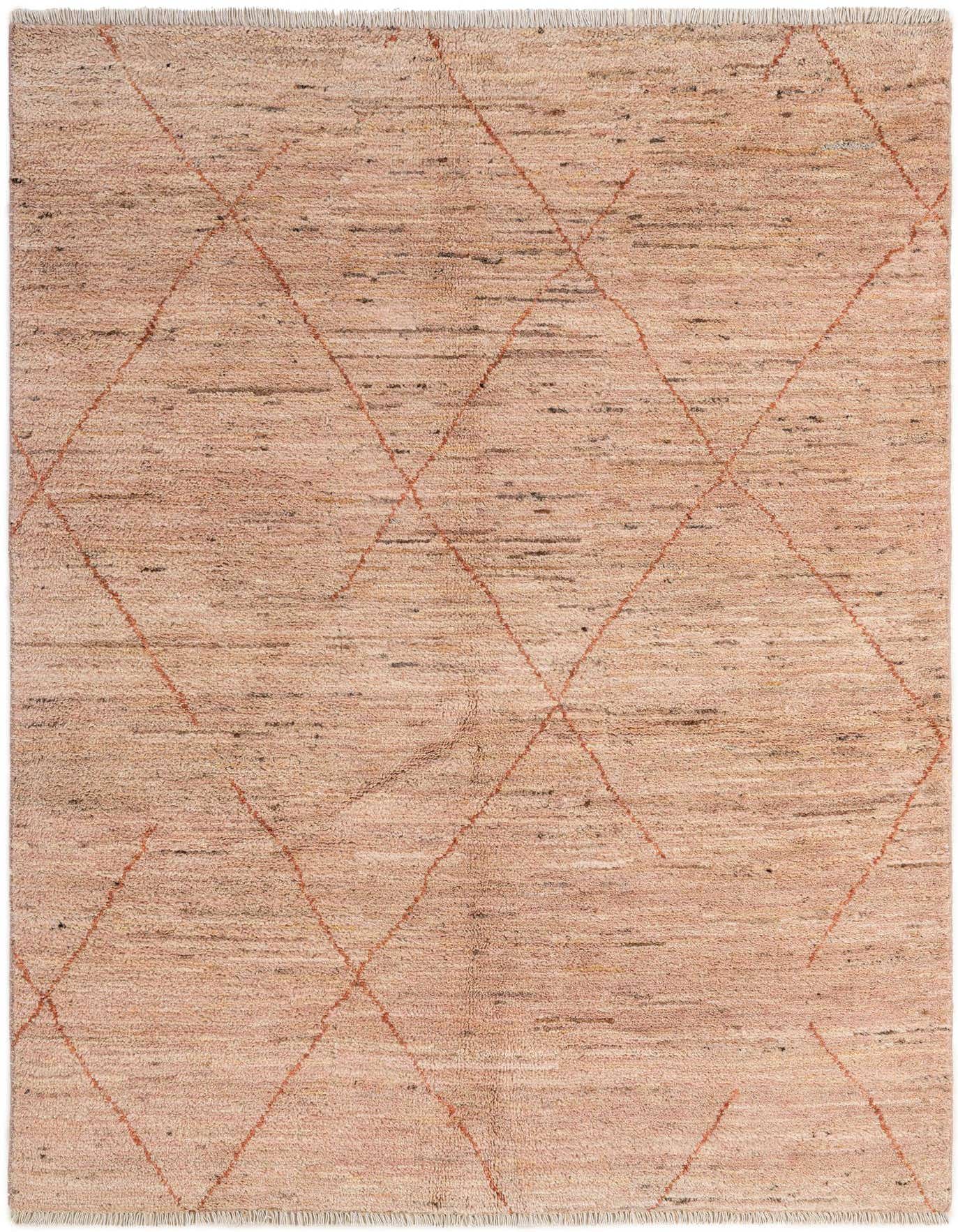A 4x6 rectangular pink wool rug with a subtle tribal diamond pattern, perfect for a living room.