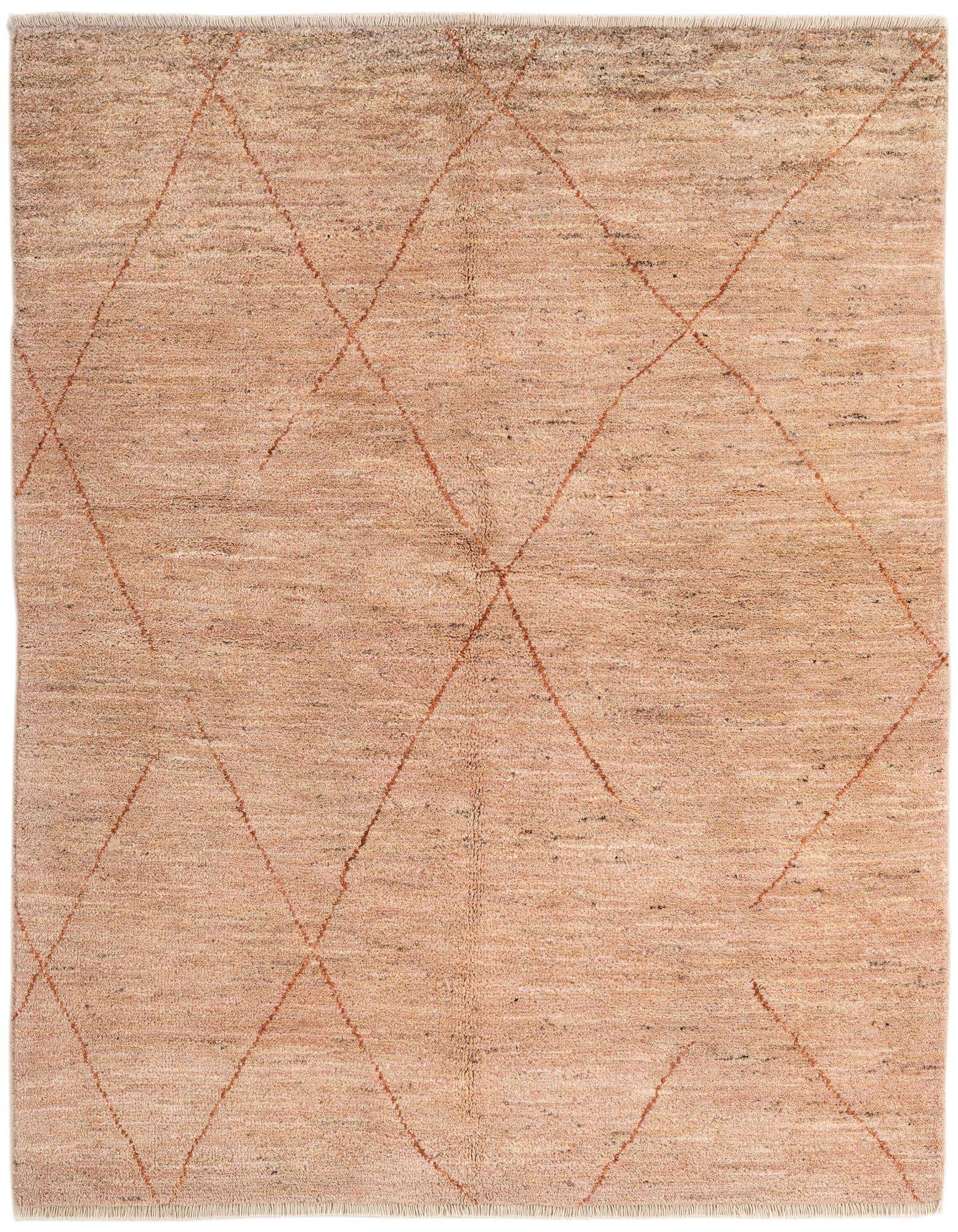 A 5x7 rectangular pink wool area rug with a subtle tribal diamond pattern, perfect for an indoor living space.