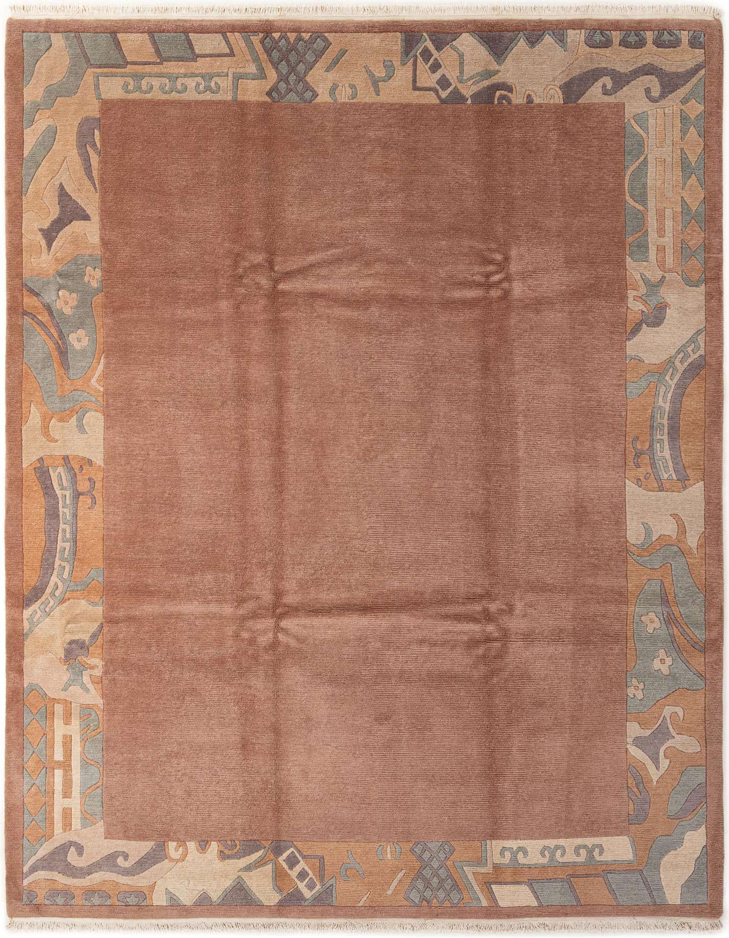 A rectangular 8x11 pink modern wool rug with an abstract oriental border in muted blues, grays, and creams.