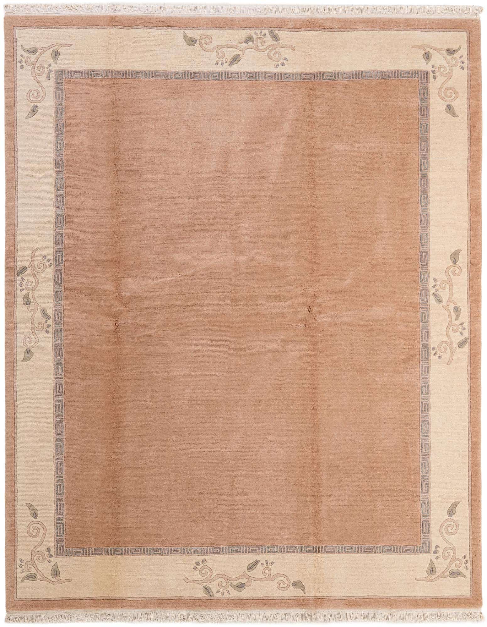 A 6x9 rectangular pink wool area rug with a cream border featuring a delicate grey leaf and vine pattern.