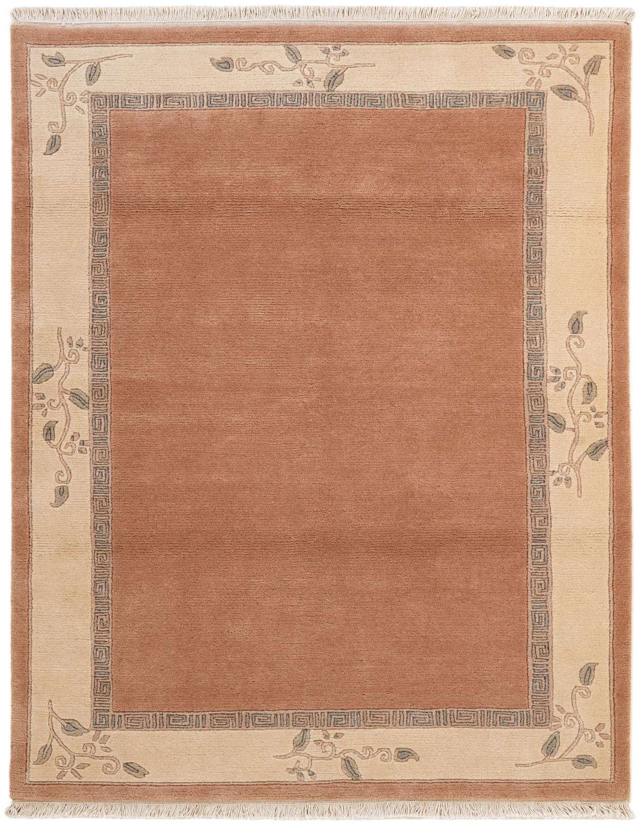 A 4x6 rectangular pink wool rug with a cream border featuring a gray geometric pattern and delicate floral vines.