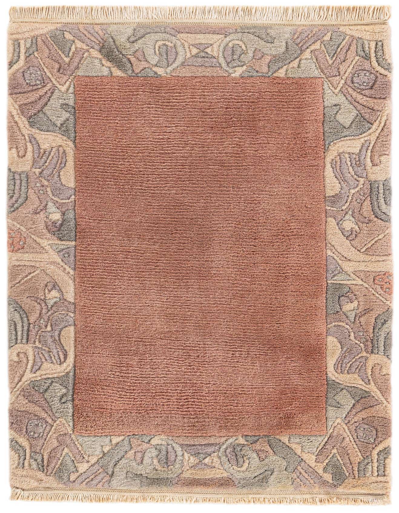 A 2x3 rectangular Nepal Collection rug featuring a solid pink center and a border with intricate modern oriental patterns in muted pinks, grays, and creams.