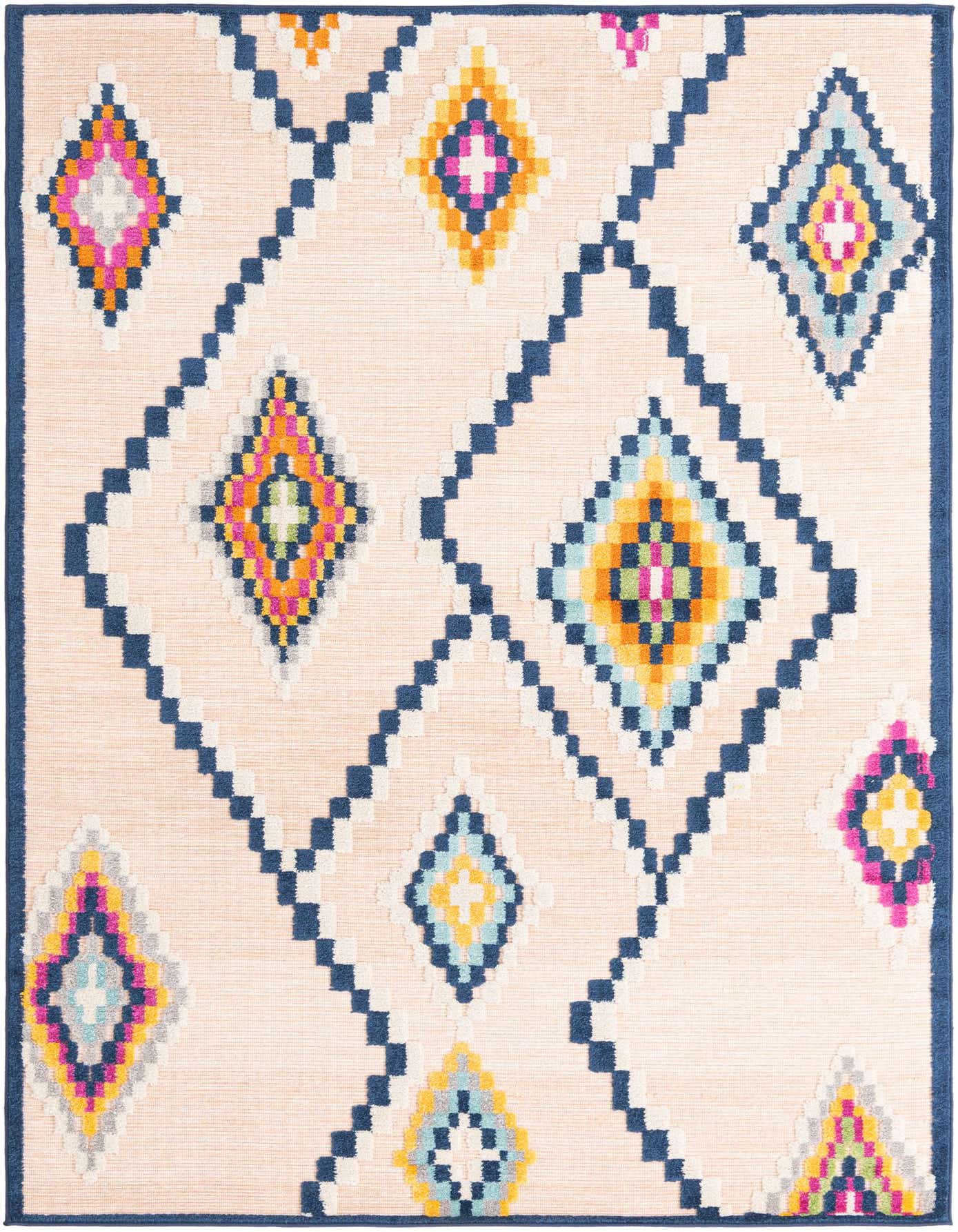 A 5x8 rectangular pink modern flatweave rug with a navy blue border and colorful diamond patterns in yellow, blue, pink, and white.