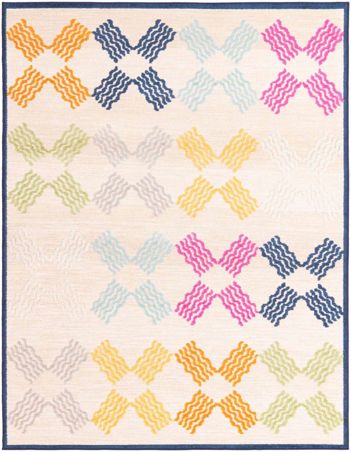 A 5x8 rectangular indoor/outdoor rug with a modern pattern of colorful wavy X shapes on a cream background, bordered in navy.