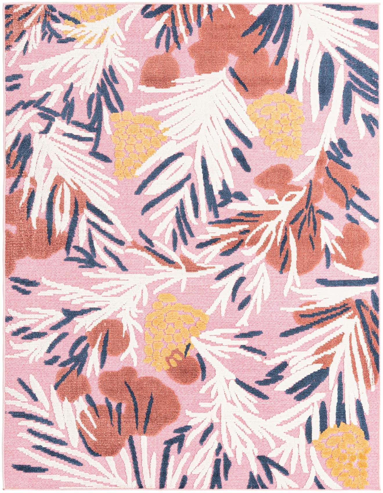 A 5x8 rectangular pink modern outdoor rug featuring an abstract botanical pattern in white, navy, burnt orange, and yellow.