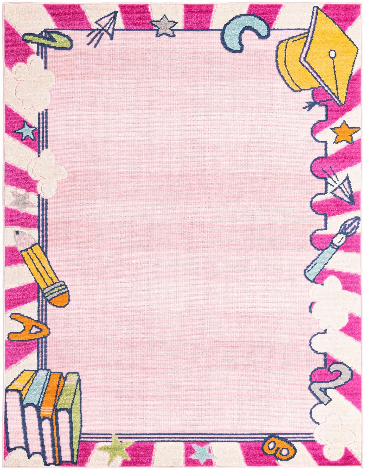 A 5x8 rectangular pink rug with a vibrant border featuring playful school-themed items like pencils, books, and stars, suitable for a child's room or play area.