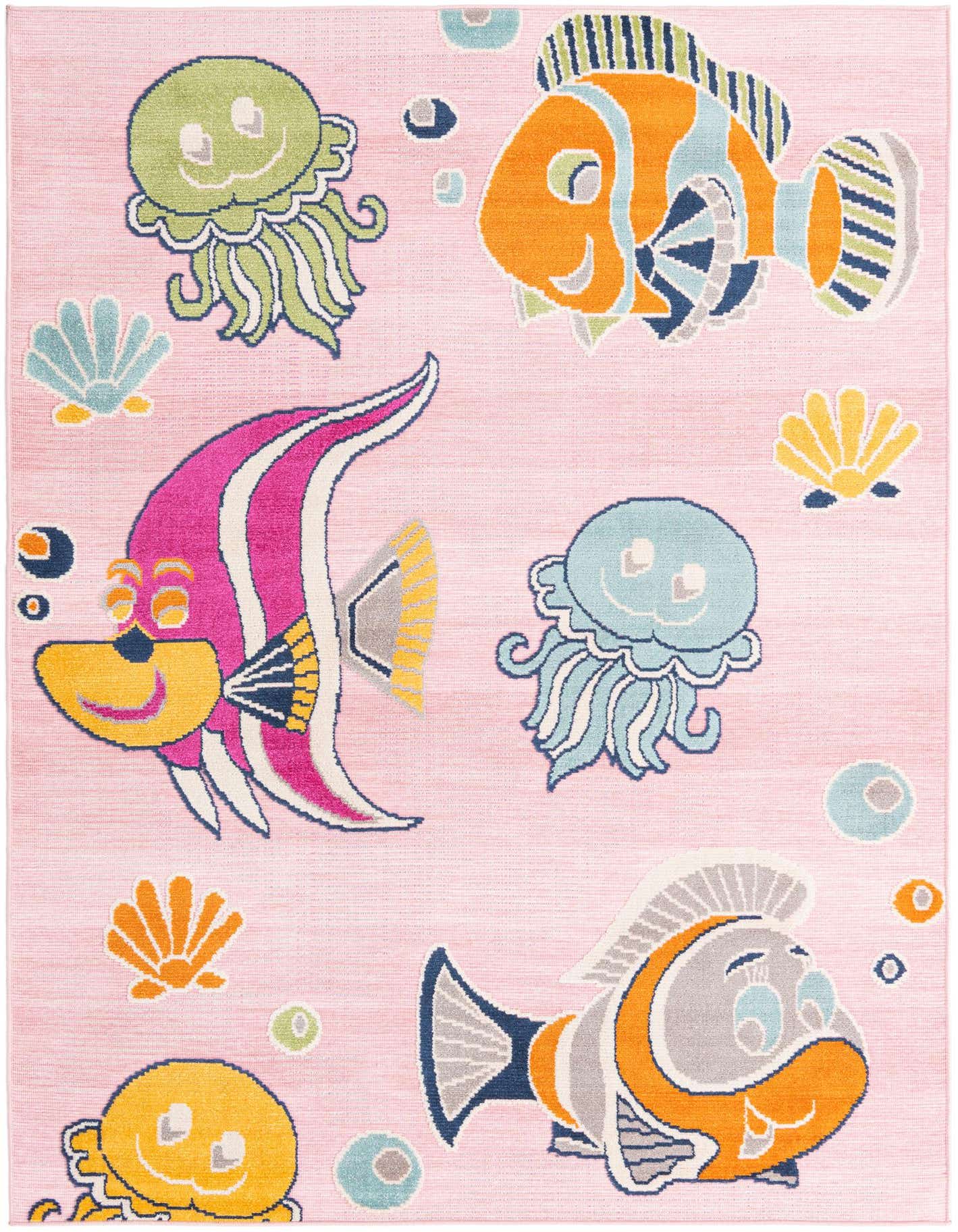 A 5x8 rectangular pink rug with a playful modern pattern of colorful cartoon fish, jellyfish, and seashells, suitable for a child's room or patio.