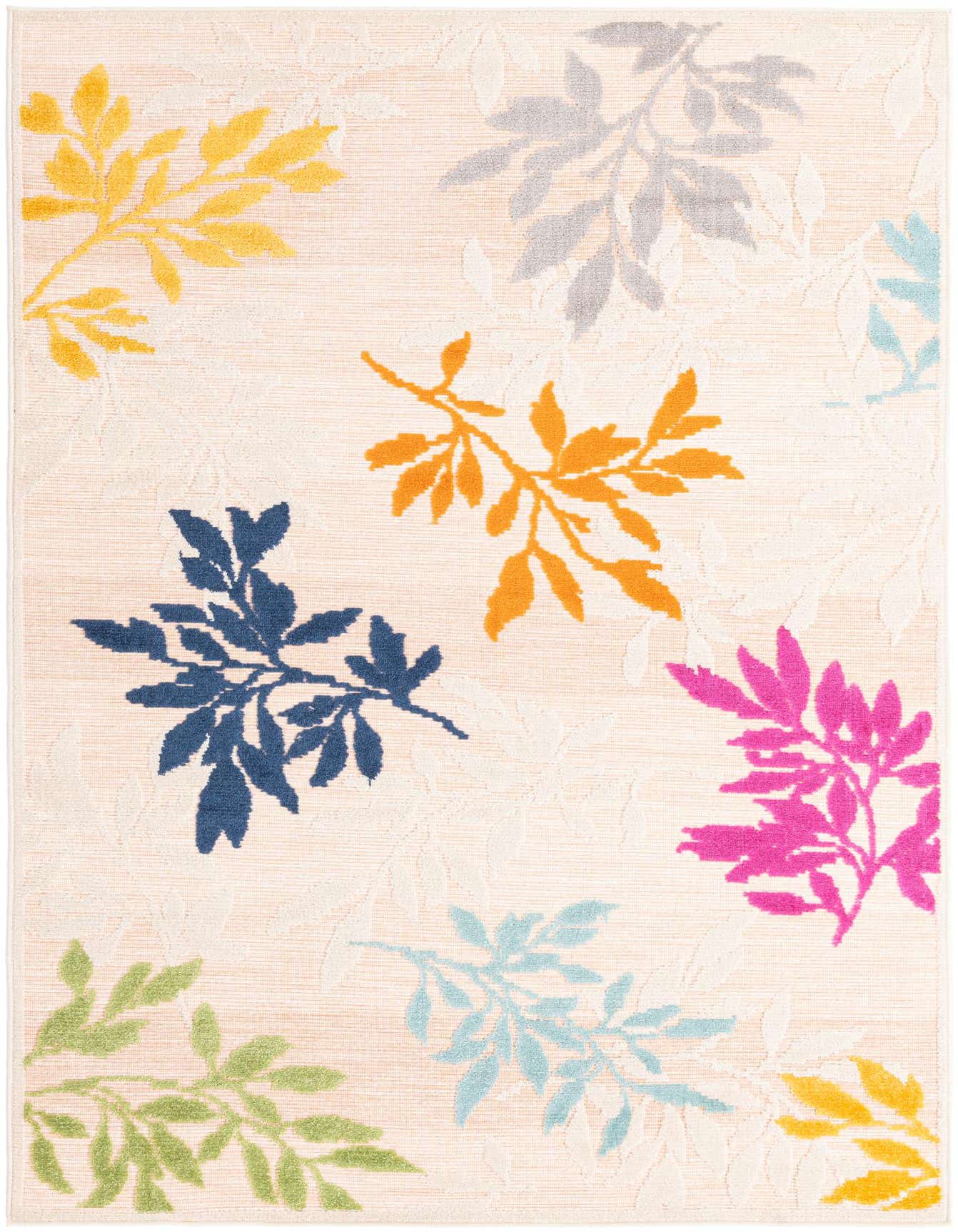 A 5x8 rectangular indoor/outdoor rug with a flatweave, featuring a modern floral pattern with colorful leaves in pink, blue, yellow, orange, and green on a light beige background.