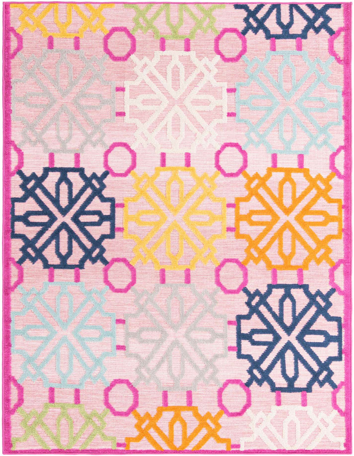 A 5x8 rectangular pink modern rug with a colorful geometric pattern, suitable for indoor or outdoor use.