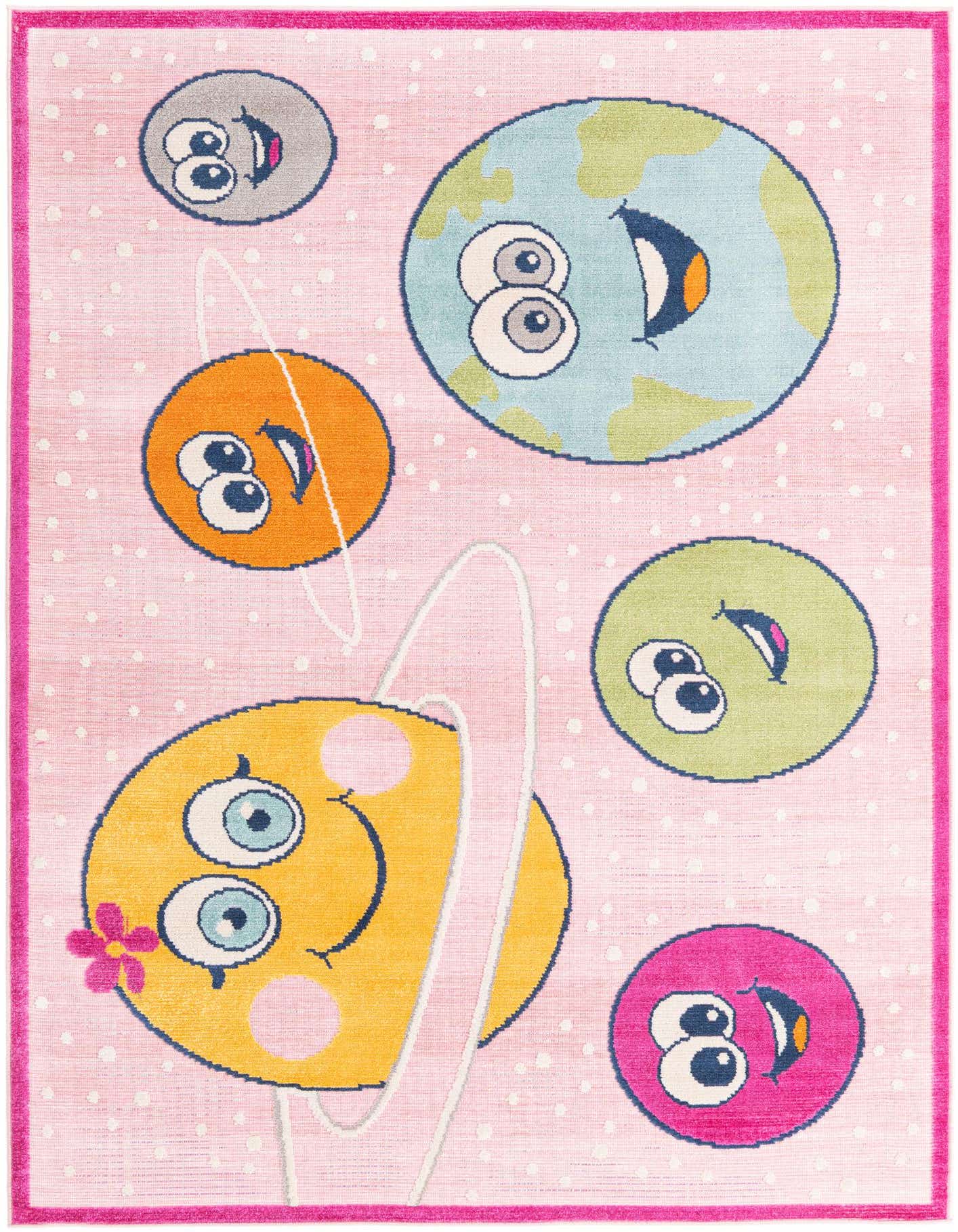 A pink 5x8 rectangular rug with a playful, modern design featuring colorful cartoon planets and moons on a polka dot background.