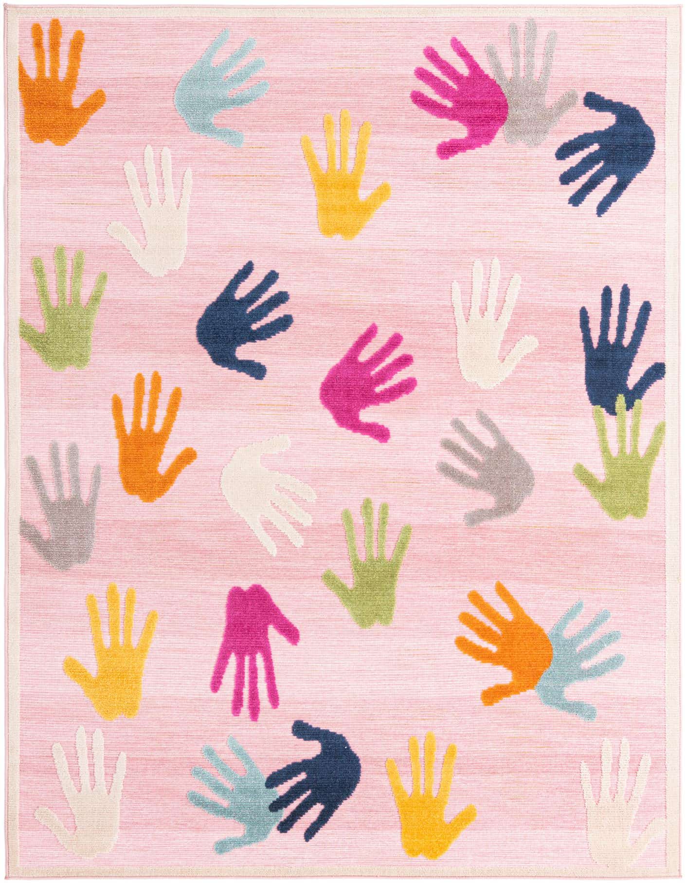 A 5x8 rectangular pink rug with a playful pattern of colorful handprints in orange, blue, green, yellow, grey, and fuchsia, suitable for indoor/outdoor use.