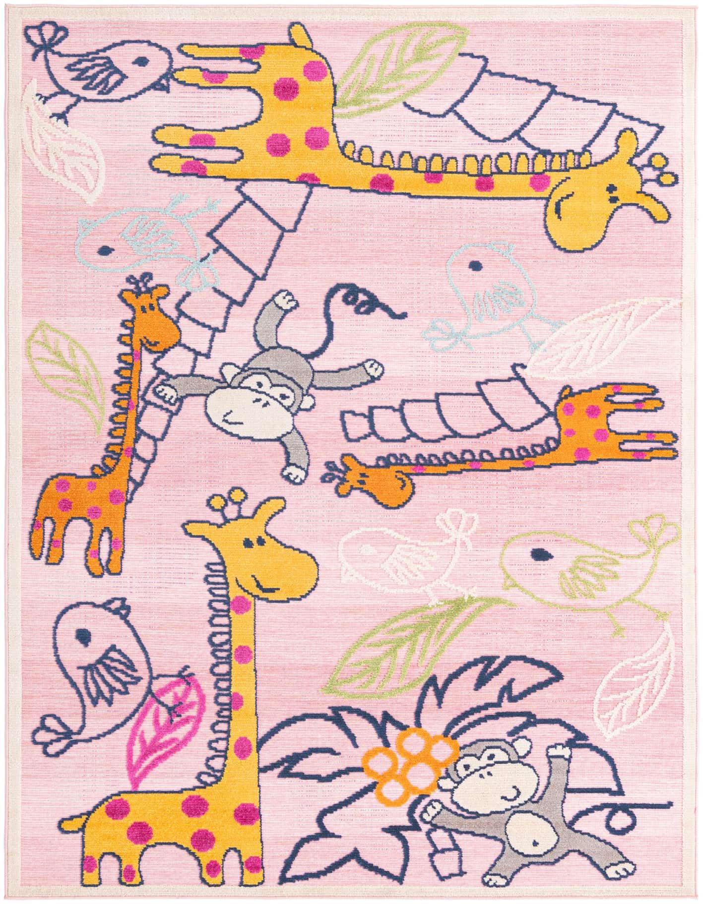 A 5x8 rectangular pink rug with a playful modern design featuring yellow giraffes with pink spots, grey monkeys, and outline birds and leaves, suitable for a kid's room or patio.